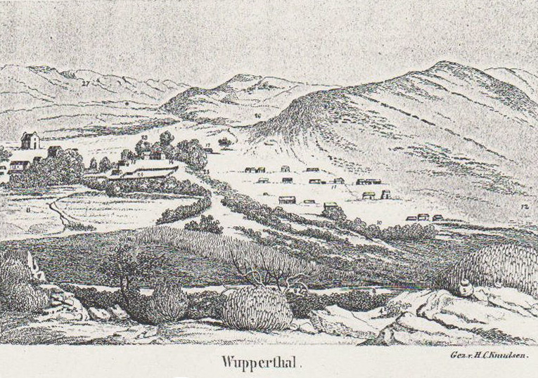 Sketch of Wupperthal, Western Cape in about 1850 by Hans Christian Knudsen