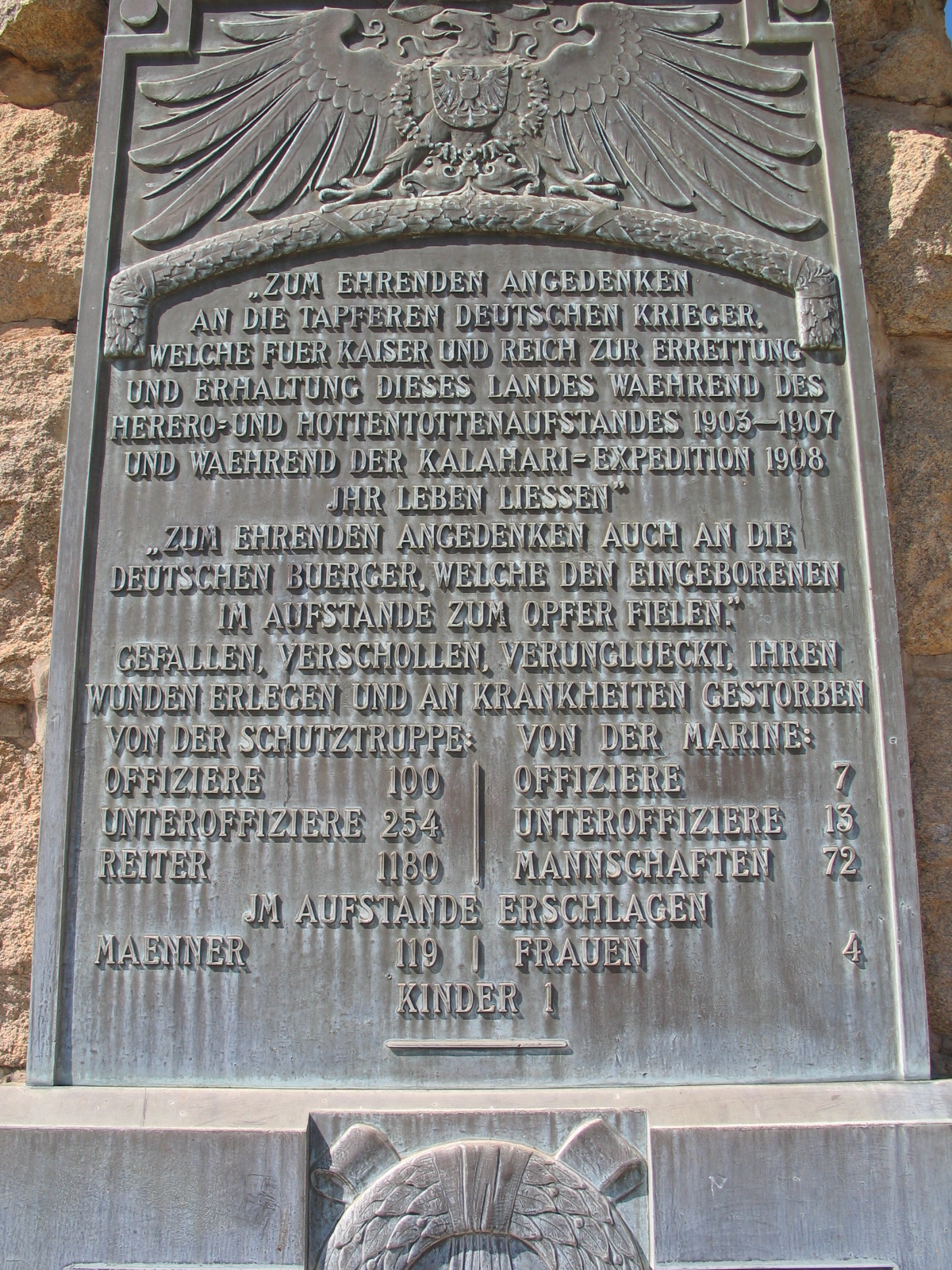 Plaque on the Equestrian Monument in Windhoek, Namibia