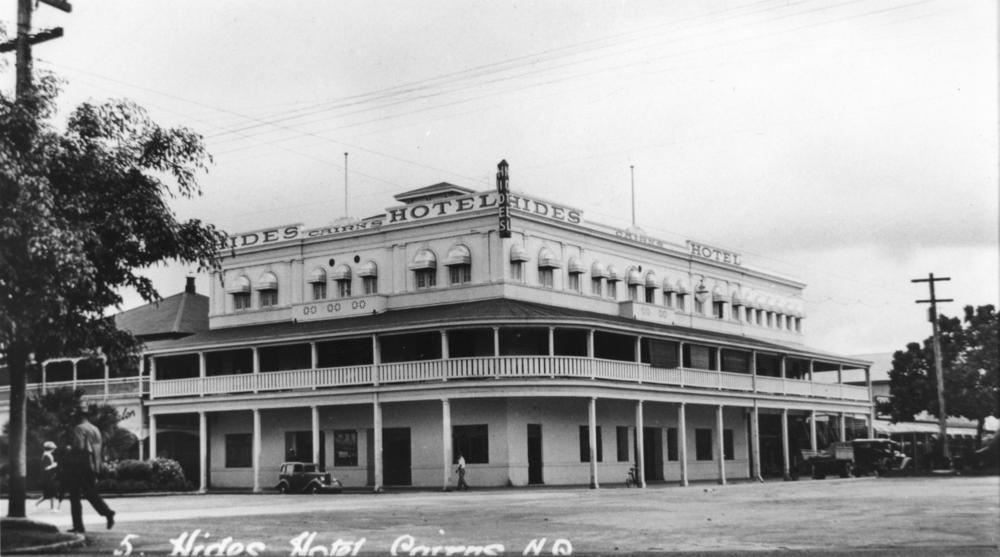 Hides Hotel in Cairns, ca 1937.
Originally constructed in 1885, Hides Hotel is situated on the corner of Lake and Sheilds Street.