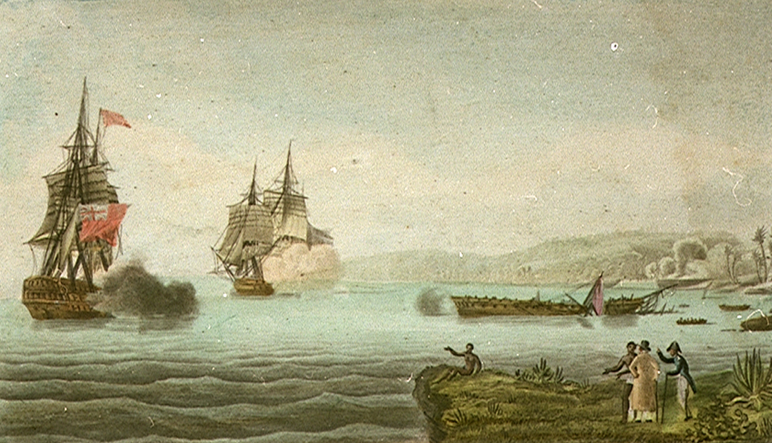 Battle and destruction of the French frigate la Preneuse (by HMS Tremendous and HMS Adamant), in the Tombeau Bay, Ile de France, 11 Dec 1799 aquatint, coloured