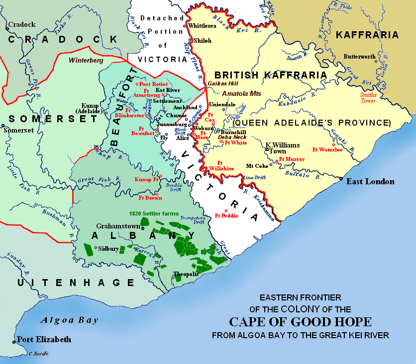 Eastern frontier(s) of the Cape of Good Hope colony, ca 1820 – 1850(i.e. period between 5th and 8th Xhosa Wars)
  1820 British settler farms in the Albany district, or eastern Zuurveld
  Settled colonial area (est. 1795), showing Grahamstown (est. 1812), and districts (est. 1820) in shades of pale green
  Neutral zone (est. 1820), as agreed between Lord Charles Somerset and the Gaika (Ngqika) faction of the amaXhosa.
  British Kaffraria (est. 1835), incl. East London (est. 1847): Gaika faction of amaXhosa and amaTembu under British protection.
  Kaffraria, incl. Butterworth Wesleyan mission (est. 1827): amaTembu living inland and amaXhosa nearer the coast.
  Mountains and necks, incl. Gaika's Hill 32°32′46″S 26°57′07″E﻿ / ﻿32.54611°S 26.95194°E﻿ / -32.54611; 26.95194﻿ (Gaika's Hill) in the easternmost Winterberg.
  Military forts, district boundaries and eastern frontier.

Notes
Frontiers: Following the Fifth Xhosa War (ended 1819), the Keiskamma River up to Gaika's Hill, and thence westwards along the Winterberg (on red line), marked the eastern frontier of the Colony. Sir Harry Smith (in 1847) annexed the northern section of Victoria, and extended the frontier from Gaika's Hill northwards along the Klip Plaat River and Stormberg. The Great Kei River became the eastern frontier when the British Kaffraria Protectorate was annexed (before 1865).
Forts: Most forts remain today as ruins in various degrees of restoration. The most northerly, Post Retief (est. 1836) 32°30′16″S 26°31′44″E﻿ / ﻿32.50444°S 26.52889°E﻿ / -32.50444; 26.52889﻿ (Post Retief), was designed by major Charles Selwyn of the Royal Engineers, and remains almost intact. This fort was located near the last homestead of field cornet Piet Retief, a leader of the emigrant farmers in 1837. It consists of officers quarters, large stables, stores and additional quarters for soldiers, built around a parade ground of one acre.[1] Sixty farmers sought refuge here for two months during the Eighth Xhosa War (1850-1853). Lieutenant-colonel John Fordyce and other casualties of this war were interred in a small military cemetery nearby. Fort Armstrong (est. 1836) 32°33′42″S 26°41′31″E﻿ / ﻿32.56167°S 26.69194°E﻿ / -32.56167; 26.69194﻿ (Fort Armstrong) was taken by Maqoma and Kona during the Eighth Xhosa War, who held it for about a month before they were repelled. It was subsequently taken by Willem Uithaalder, a colonial rebel, who held it until most of the fort was destroyed by colonial forces, leaving only the tower which remains today. Fort Peddie 33°11′39″S 27°07′27″E﻿ / ﻿33.19417°S 27.12417°E﻿ / -33.19417; 27.12417﻿ (Fort Peddie) is a blockhouse, built after the 1820 agreement that formed the neutral zone. Fort Brown (est. 1835) 33°07′48″S 26°37′03″E﻿ / ﻿33.13°S 26.6175°E﻿ / -33.13; 26.6175﻿ (Fort Brown) was at first a post for patrols (est. ca 1812) at Hermanuskraal, named for Khoikhoi chieftain Hermanus Xogomesh, before a fort replaced it during the Sixth Xhosa War. It became a police post in 1873, and a police station is still located beside it. The fort was declared a national monument in 1938. Fort Cox (est. 1835, abandoned 1836-1846, but rebuilt) 32°43′48″S 27°1′32″E﻿ / ﻿32.73°S 27.02556°E﻿ / -32.73; 27.02556﻿ (Fort Cox), was named after major William Cox, and was a base for patrols into the valleys and ravines of the Amatole and Keiskamma ranges. The earthen redoubt reinforced with stone protected a quadrangle of strong stone cottages and walls, of which only ruins remain. Sir Harry Smith was for a time trapped in this fort during the Eighth Xhosa War.
Settlements: Military villages such as Woburn, Auckland, Ely, Juanasburg, Kempt and Fredericksburg were established in the vicinity of the forts. Alice was a Presbyterian missionary centre (est. 1824), and a village formed around Fort Hare's military encampment (est. 1847) 32°47′13″S 26°50′55″E﻿ / ﻿32.78694°S 26.84861°E﻿ / -32.78694; 26.84861﻿ (Fort Hare). Adelaide, a Scottish settlement near the current town, became a transit camp for troops during the War of Mlanjeni. King Williams Town started as a military camp and mission station and became the base from which Sir Harry Smith controlled the tribal areas. The small village Sidbury 33°25′15″S 26°10′06″E﻿ / ﻿33.42083°S 26.16833°E﻿ / -33.42083; 26.16833﻿ (Sidbury) was est. ca 1832 by settler Richard Daniel. The farming districts of ALBANY and eastern UITENHAGE were also collectively known as the 'Zuurveld'. The Kat River Settlement was a homeland for displaced Khoi-khoi where they occupied land tenures for the mission stations. They suffered greatly during the 6th Frontier War.  See also: Heritage sites in Albany