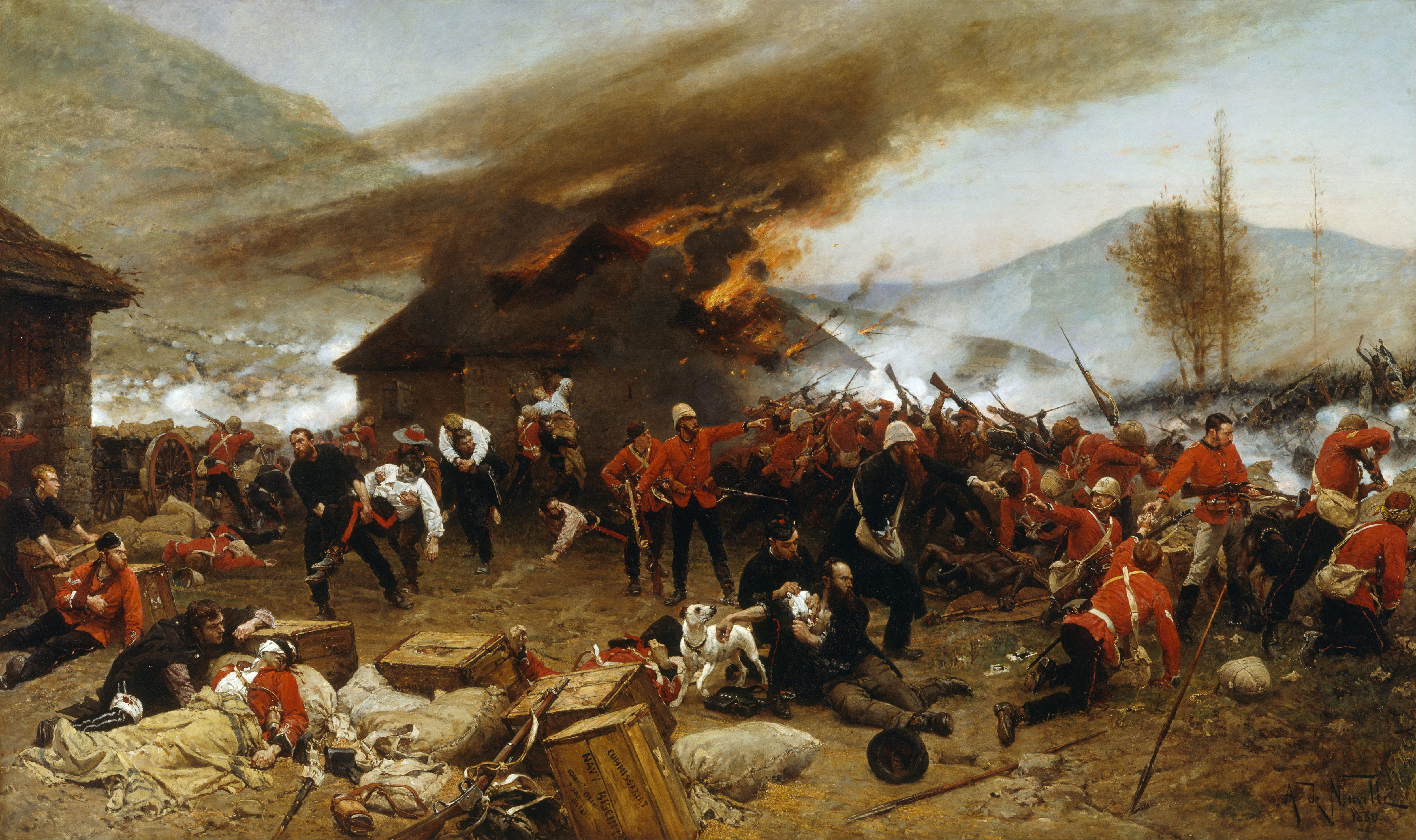 Painting of the Battle of Rorke's Drift which took place in Natal during the Anglo-Zulu War in 1879. De Neuville based the painting on eye witness accounts and it depicts several events of the battle occurring at once. Defenders depicted in the painting:
Lieutenant John Chard (to the right at the barrier in pale breeches with rifle)
Corporal Scammell of the Natal Native Contingent incorrectly shown in the uniform of the 24th or Corporal William Allen (handing cartridges to Chard)
Corporal Ferdinand Schiess (wearing a bandoleer and stabbing a Zulu at the barrier with his bayonet)
Chaplain George Smith (bearded man handing out cartridges from a haversack)
Acting Assistant Commissary James Dalton (sat in foreground with a wounded shoulder)
Surgeon James Reynolds (attending to Dalton's wound)
Lieutenant Gonville Bromhead (standing in the centre of the painting pointing to his left)
Private Frederick Hitch (standing behind Bromhead)
Private Henry Hook (carrying Private John Connolly on his back away from the burning hospital)
Assistant Commissary Walter Dunne (to the left holding a biscuit box)
(Sources: David, Saul [2005] Zulu: The Heroism and Tragedy of the Zulu War of 1879 ISBN 9780141015699; Knight, Ian [1996] Rorke's Drift 1879: 'Pinned Like Rats in a Hole' ISBN 9781855325067)