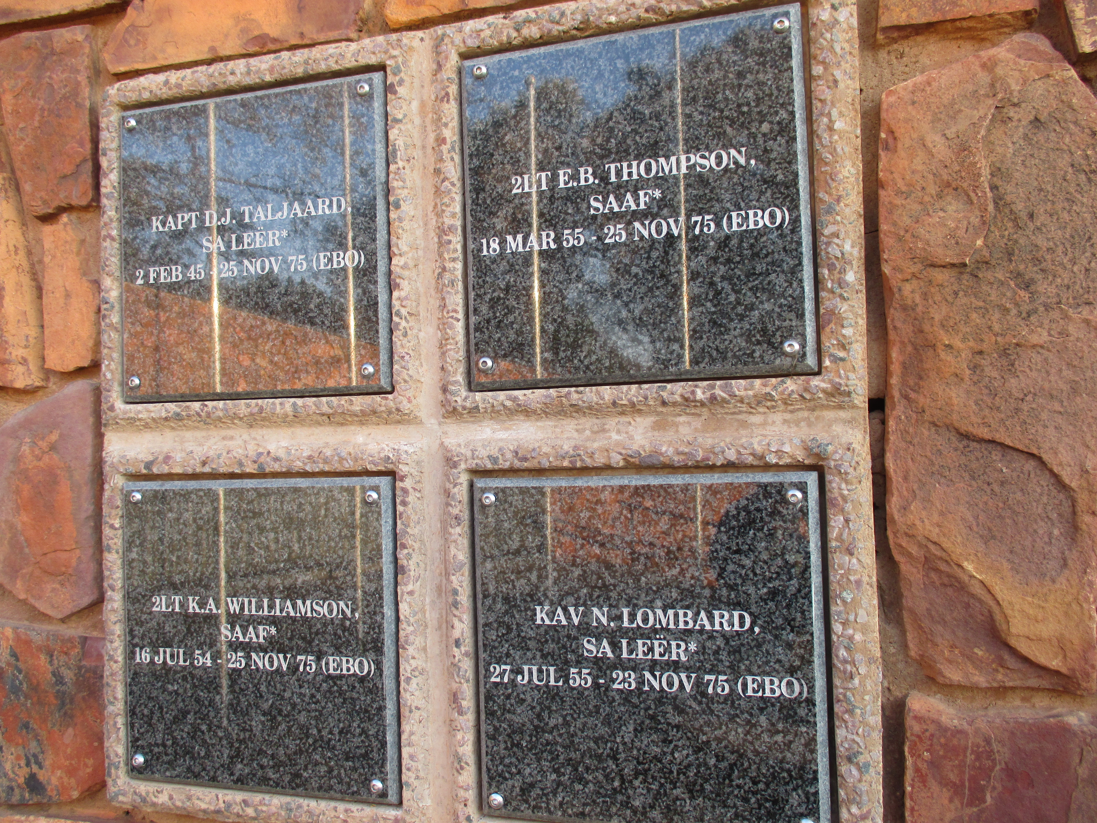 Description: Plaque honouring four South African servicemen killed during Operation Savannah, Voortrekker Monument, Pretoria. 2014. Remark: Three of the deceased were national servicemen who crewed Eland Mk7 armoured cars. The fourth was a spotter pilot in the SAAF.