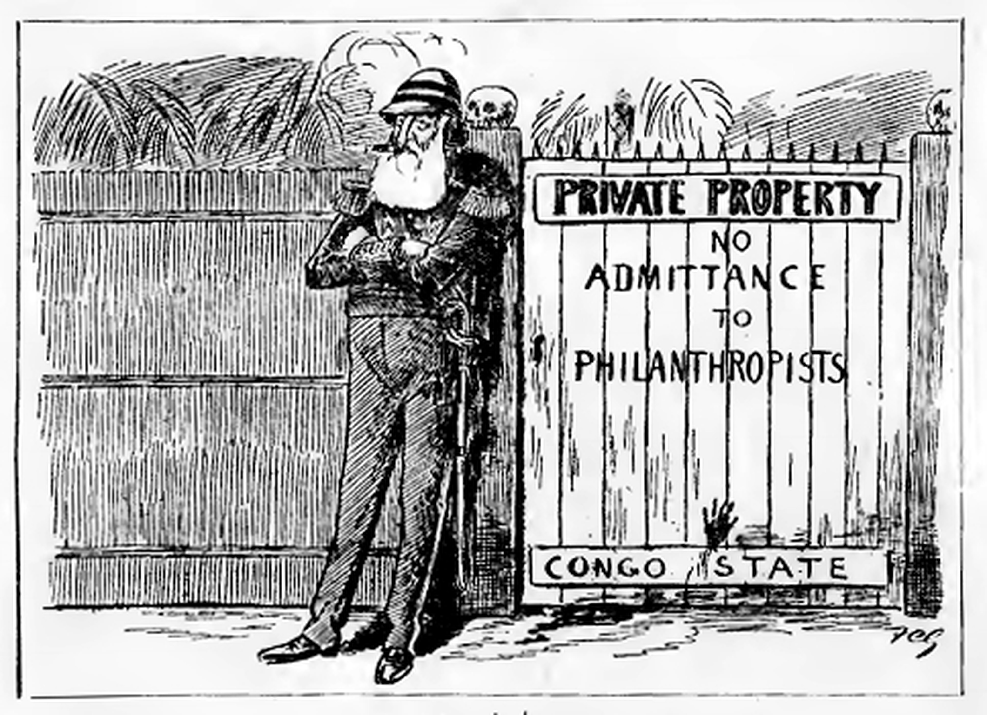 Cartoon by British caricaturist 'Francis Carruthers Gould' depicting Leopold II of Belgium of the Belgians leaning against an imaginary gate of the Congo Free State with inscription: Private property. Access prohibited to philanthropists.