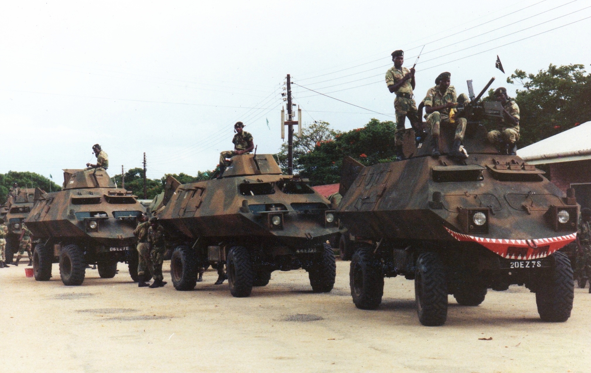 Mineproofed armoured vehicles of the Zimbabwe National Army (ZNA) at Methuen Barracks, 1980. These are being manned by personnel of "C" Company, 1 Rhodesian African Rifles.