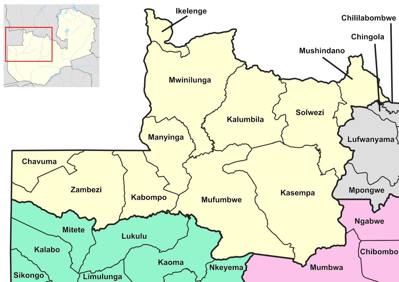 Locator maps of districts in North West Provice, Zambia