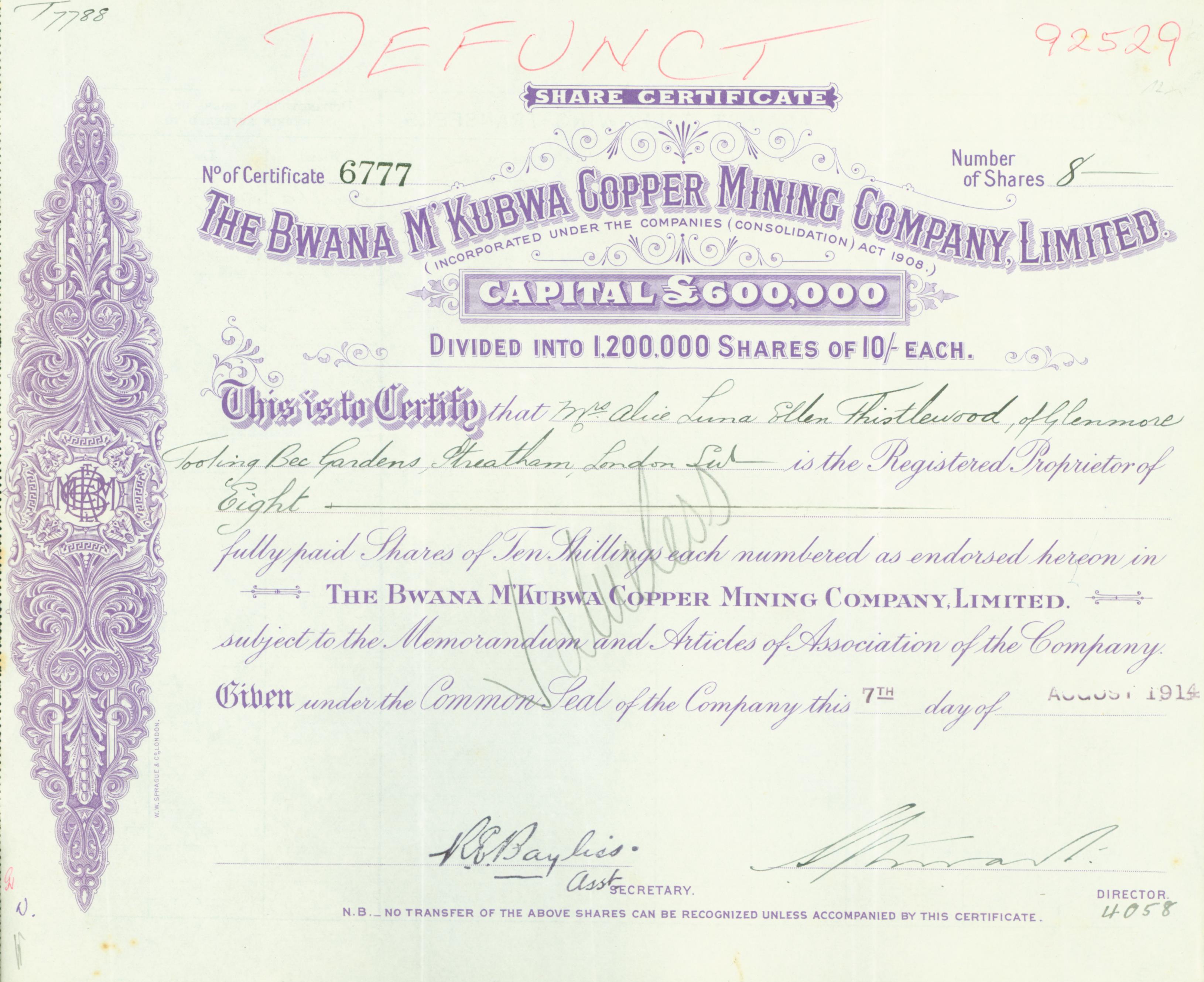 Aktie der Bwana M'Kubwa Copper Mining Company, Ltd. vom 7. August 1914