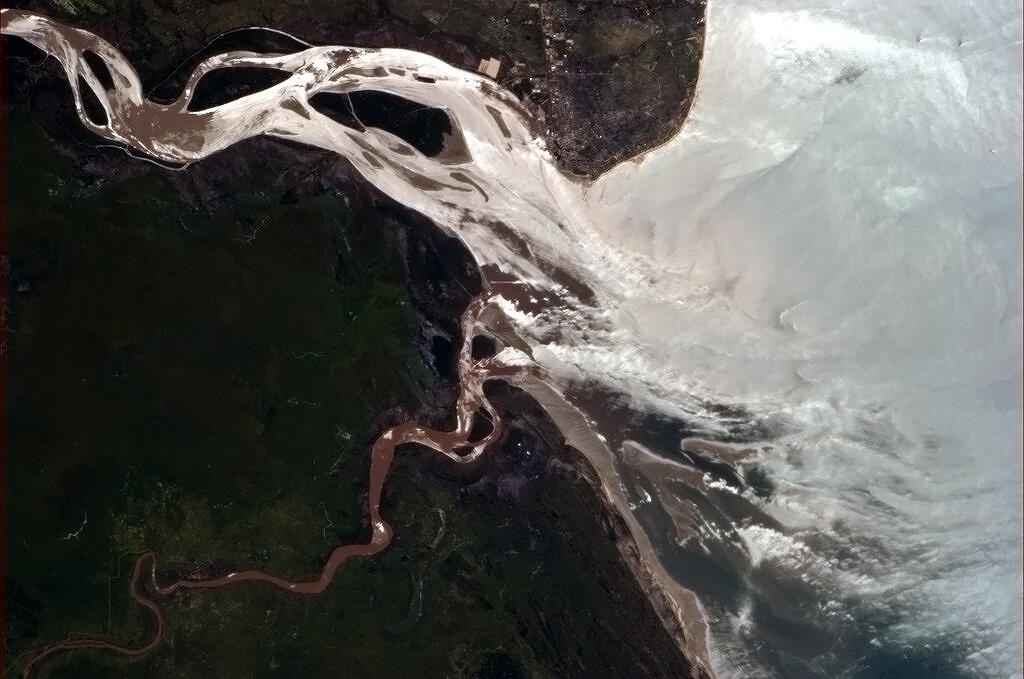 "An African river perpetually vomiting into the Indian Ocean." Caption by astronaut Chris Hadfield on board the International Space Station. Beira, Mozambique stands at the mouth of Rio Púnguè.
