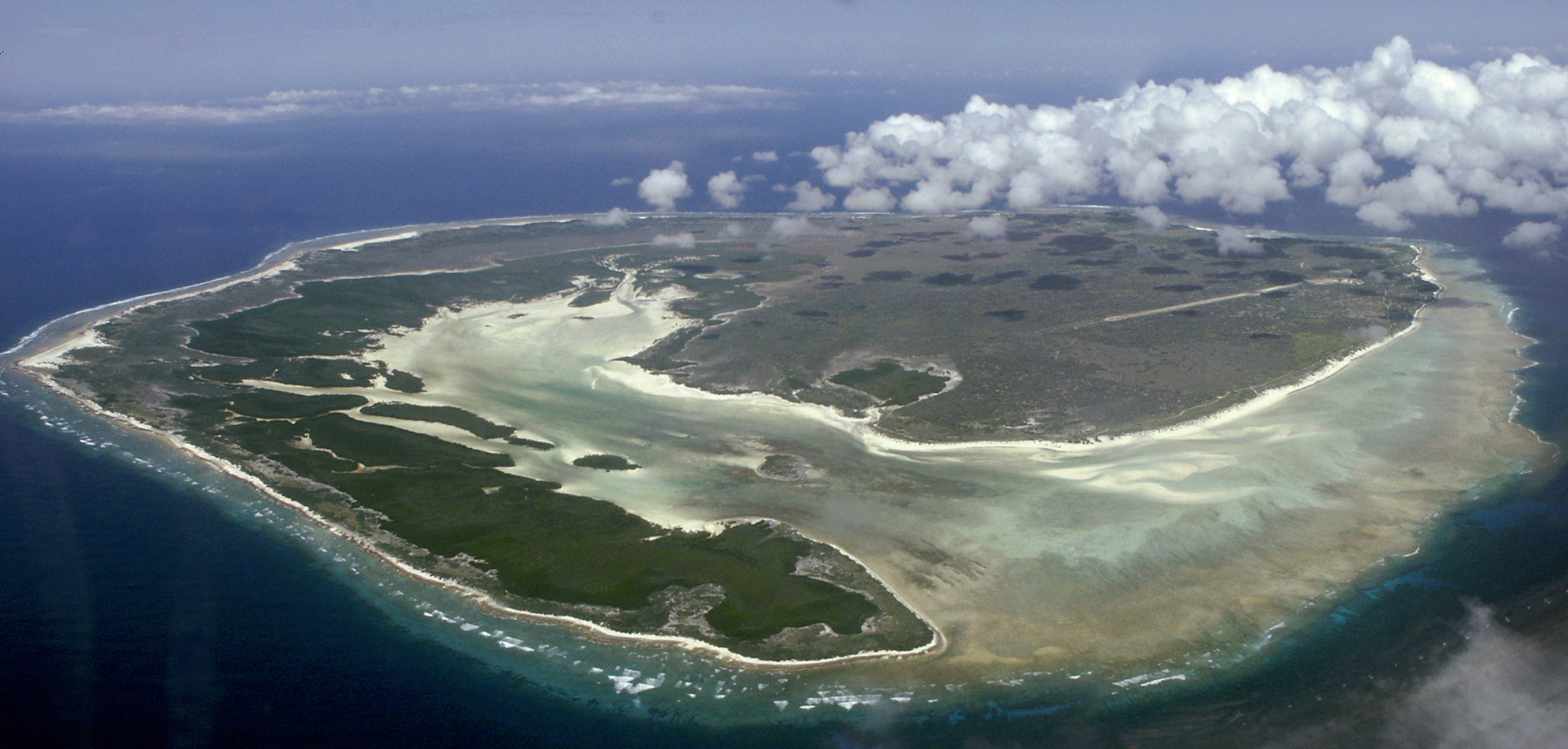 aerial view of Europa island (merge of two photos made before landing, through the window of a french army transall)