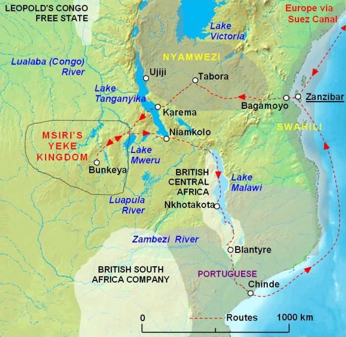 Map of the route of the Stairs Expedition to Katanga, Congo, Central Africa in 1891–2. Borders of Msiri's Kingdom and other territories are approximate. Owing to a civil war, Msiri was not in control of all his kingdom's lands at the time of the expedition.