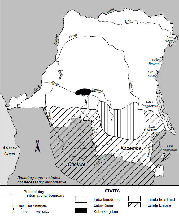Map of Major States in the Southern Savannas, Mid-Nineteenth Century. Based on information from Jan Vansina, Kingdoms of the Savanna, Madison, 1968. The map includes the Lunda Empire (with the Lunda heartland), the Luba kingdoms, the Luba-Kasai and the Kuba kingdom as they were thought to have been around 1850.