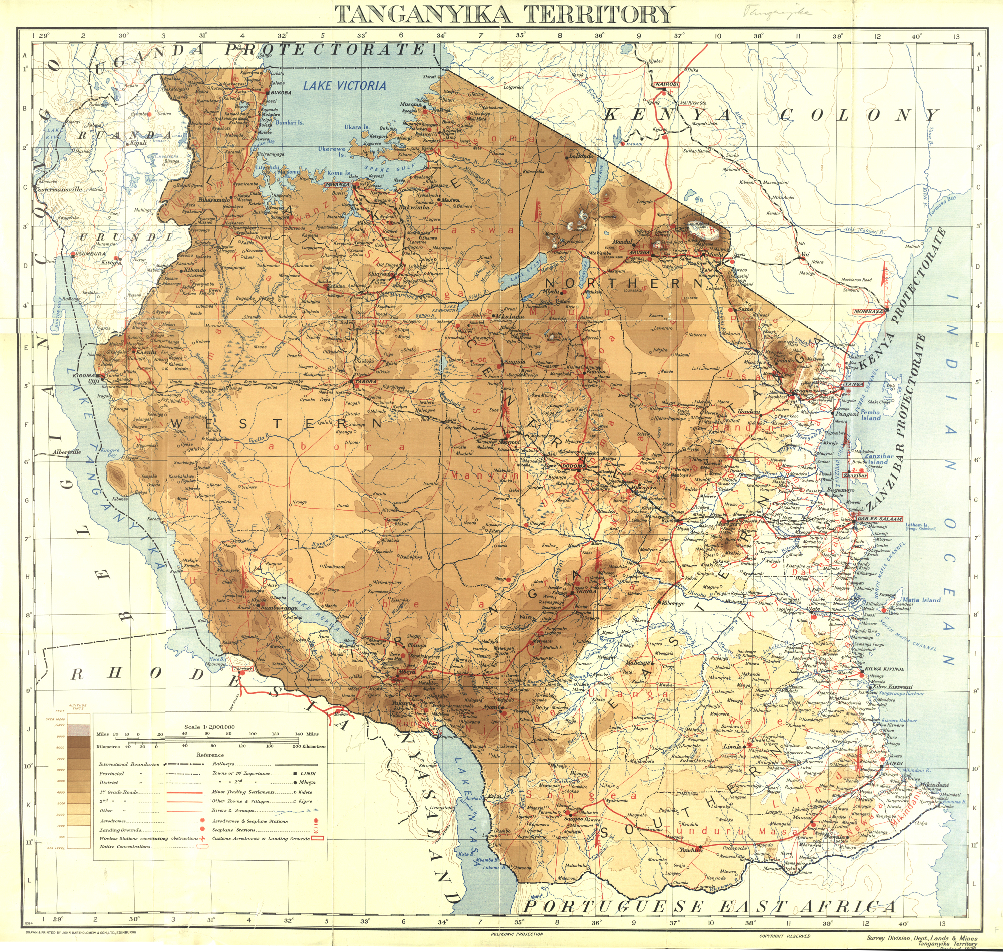 Tanganyika Territory F13 by Survey division, dept. lands and mines Tanganyika territory (year: 1926 or 1936, not visible on original map). NOTE: This is the 1936 revision of the 1933/1934 1:2m production, sent from Dar for publication in Scotland. See CO 1047/169 at UK National Archives.