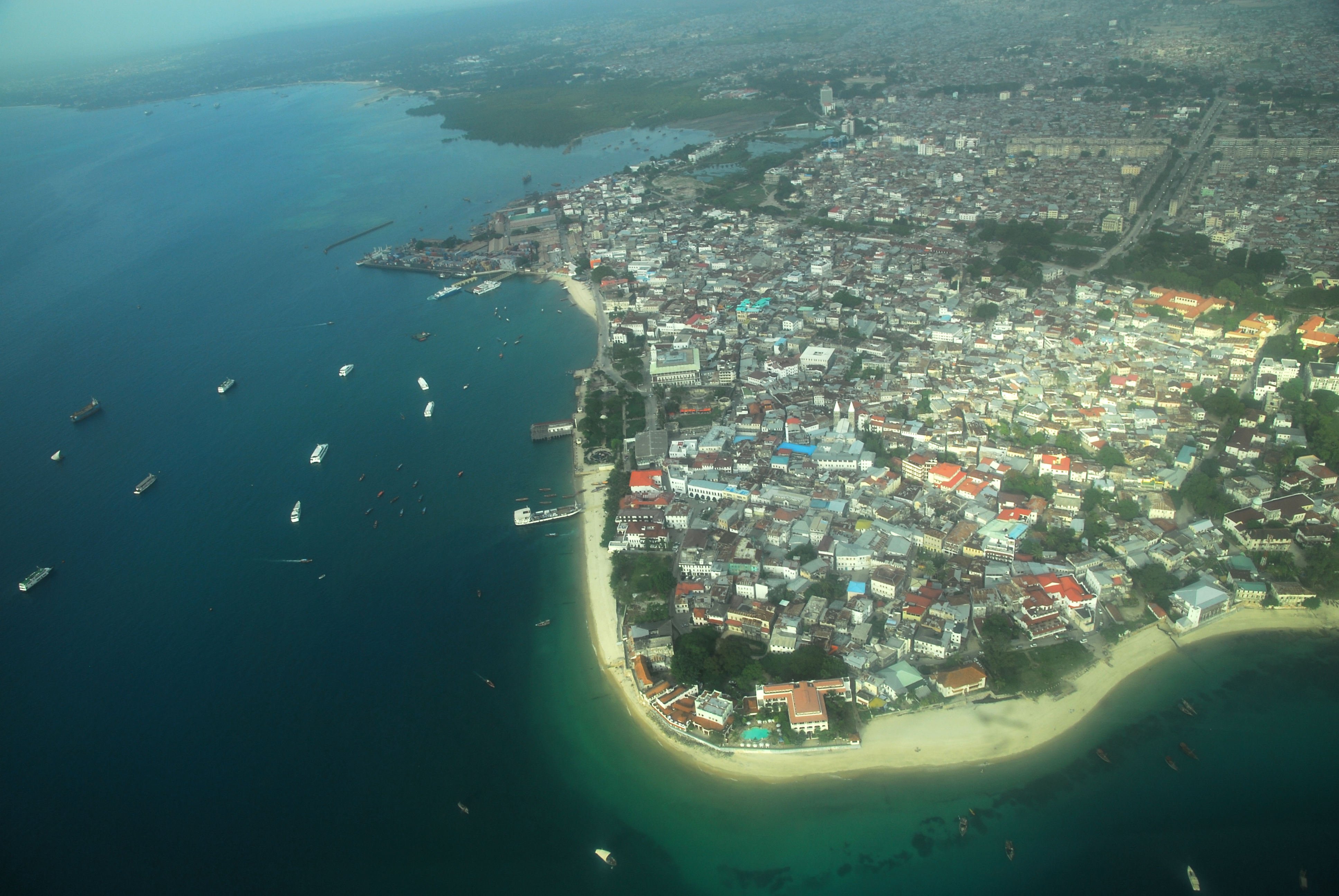 Aerial picture of Stone Town — with parts of Zanzibar City (at top), on Unguja island (Zanzibar Island) in 2012.
In the Zanzibar Archipelago of the Western Indian Ocean, off the east coast of Africa in Tanzania.