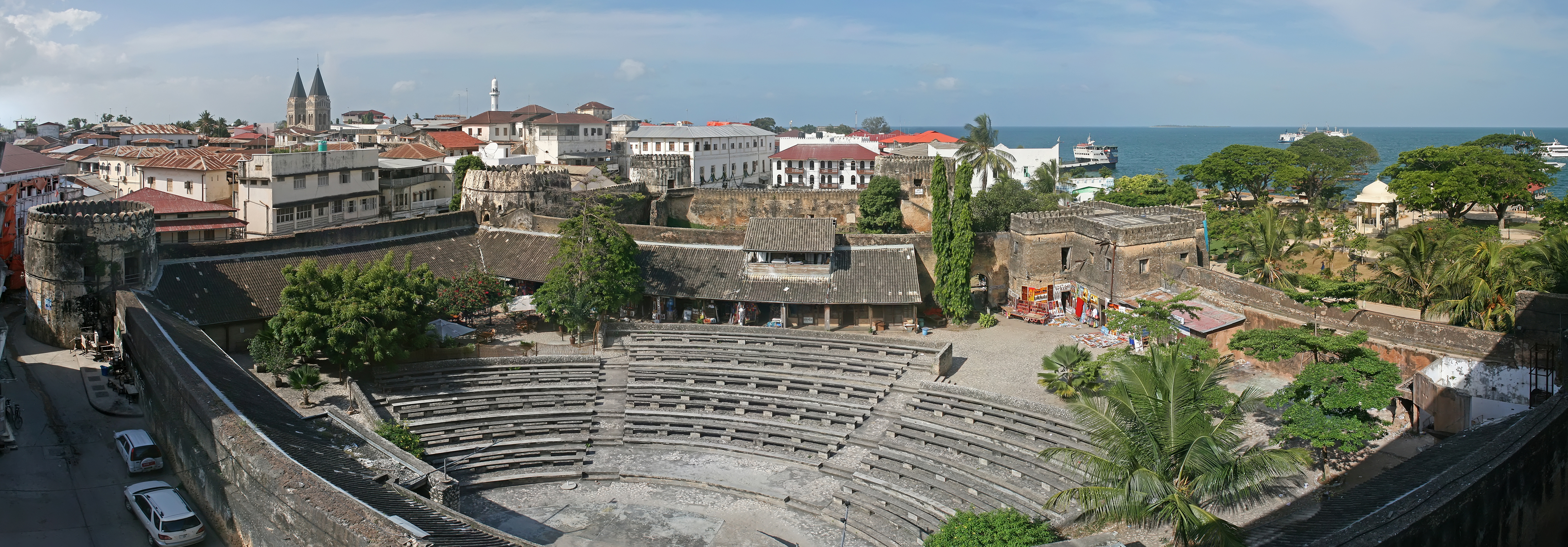 A panorama of the Old Fort of Zanzibar and the Stone Town as seen from the House of Wonders in Zanzibar, Tanzania. This composite image was stitched with PTGui using cylindrical projection