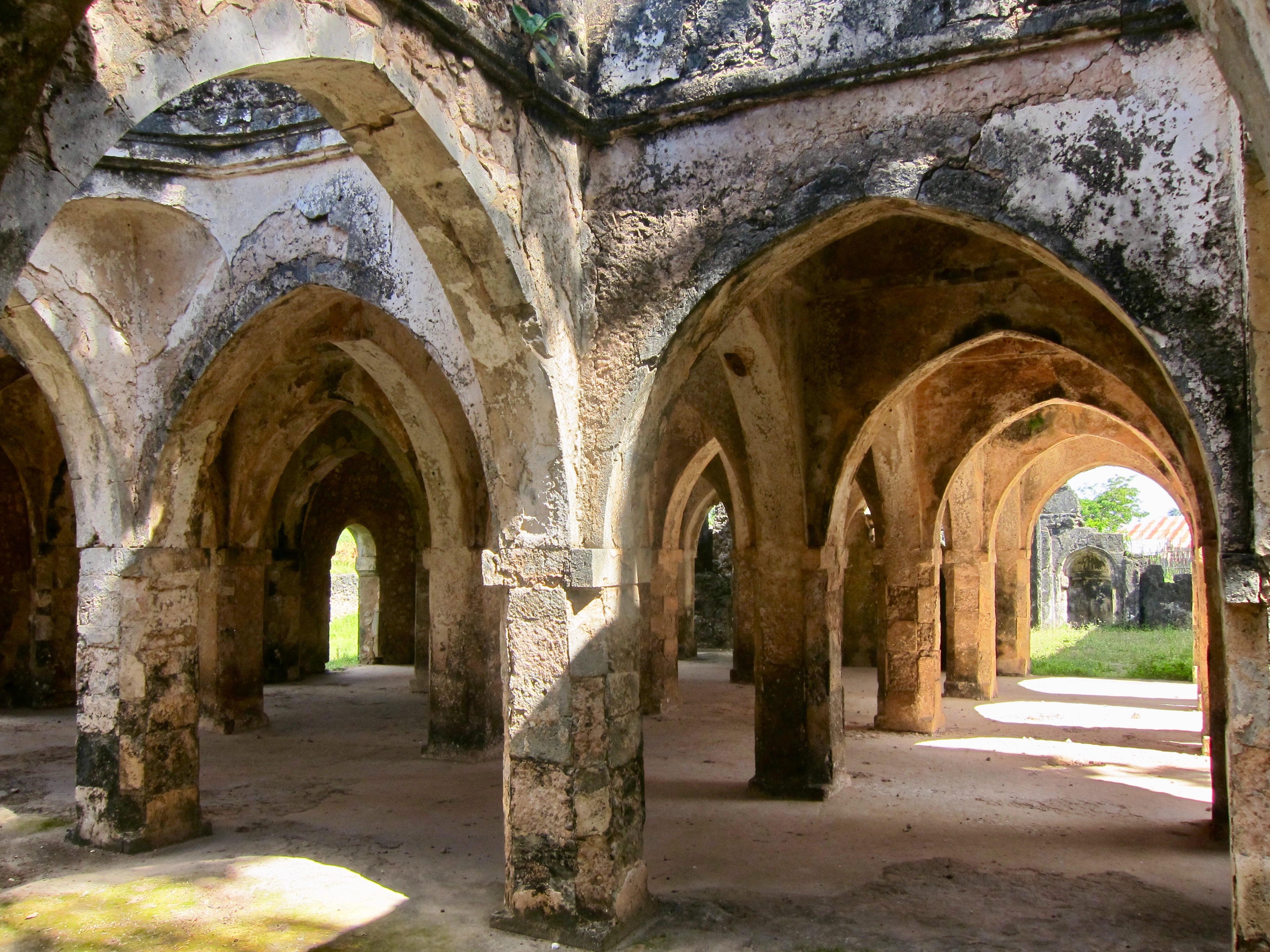 The prayers room inside the extension of the great mosque of Kilwa at Kilwa Kisiwani. It was build as part of the first arabic settlement and nowadays an UNESCO World Heritage Site.