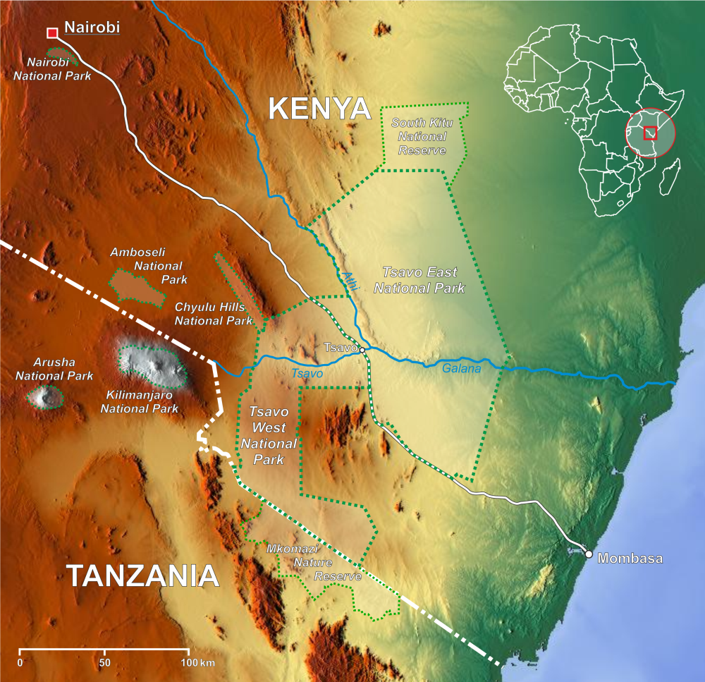 Map of Tsavo East National Park and Tsavo West National Park