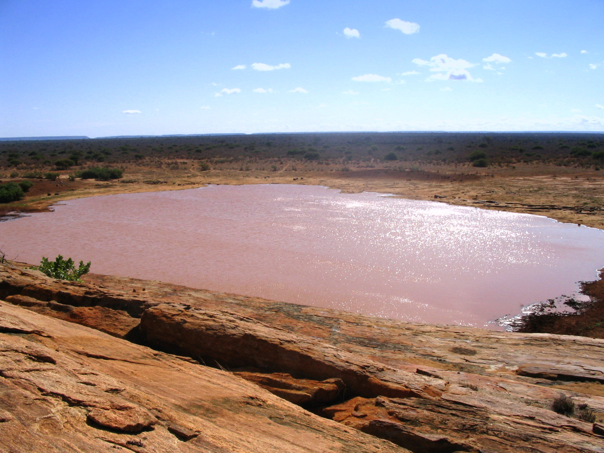 Viewpoint from the top of Mudanda Rock in Tsavo East National Park, Kenya. A lake is shown in the foreground with the surrounding savanna in the distance.