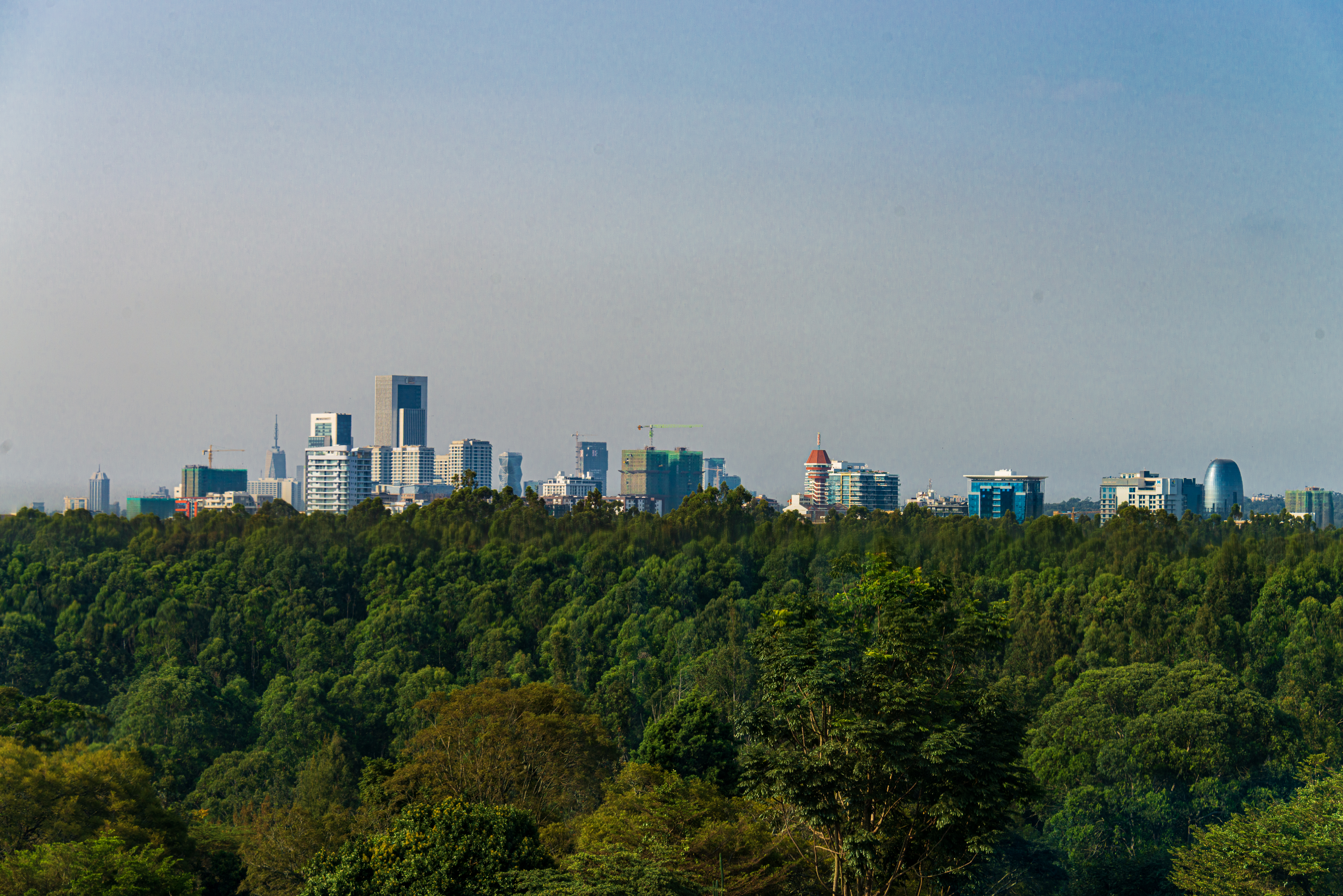 Nairobi skyline, with slight smog layer, seen from the rooftop restaurant at the Gem Hotel in Gigiri