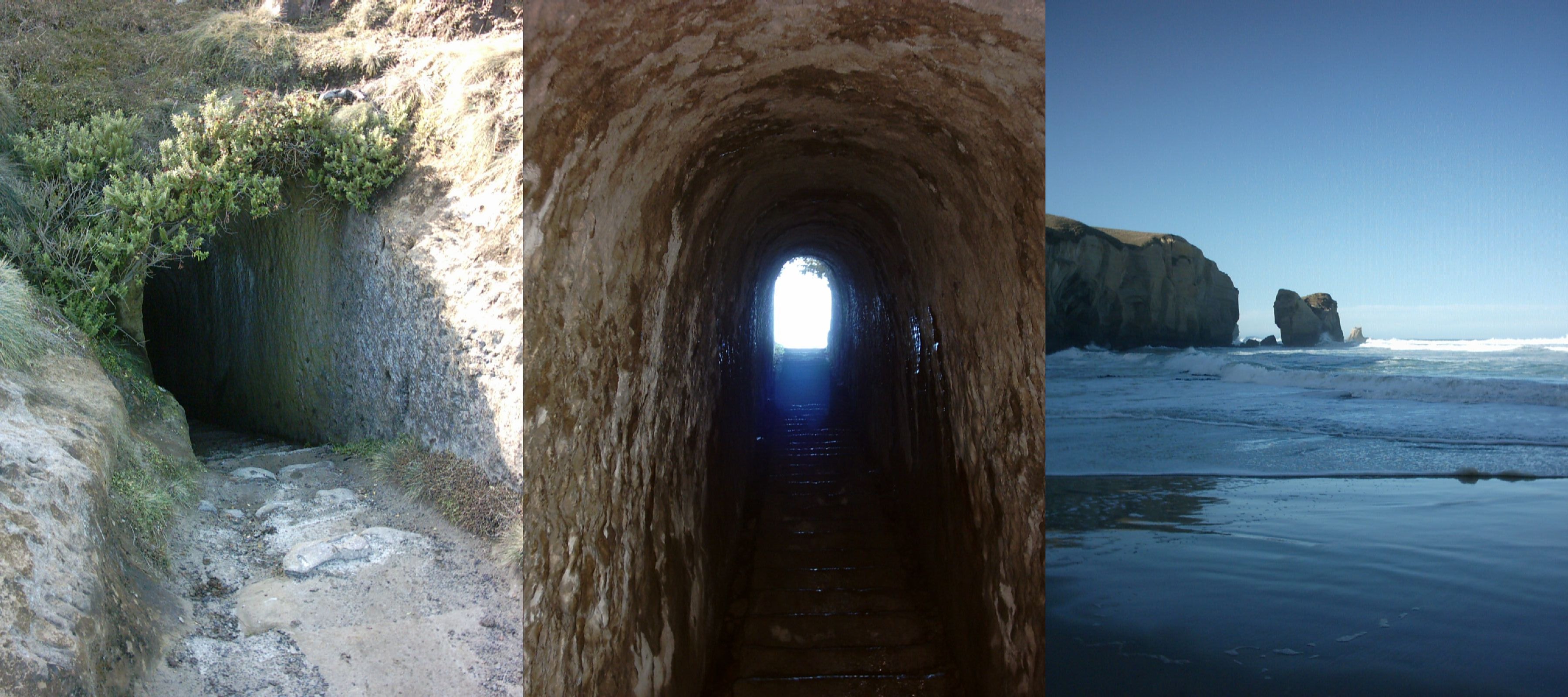 Collage of the tunnel at Tunnel Beach, Dunedin, New Zealand, showing the beginning, a look backwards up the tunnel, and a view of the beach at the end of the tunnel.