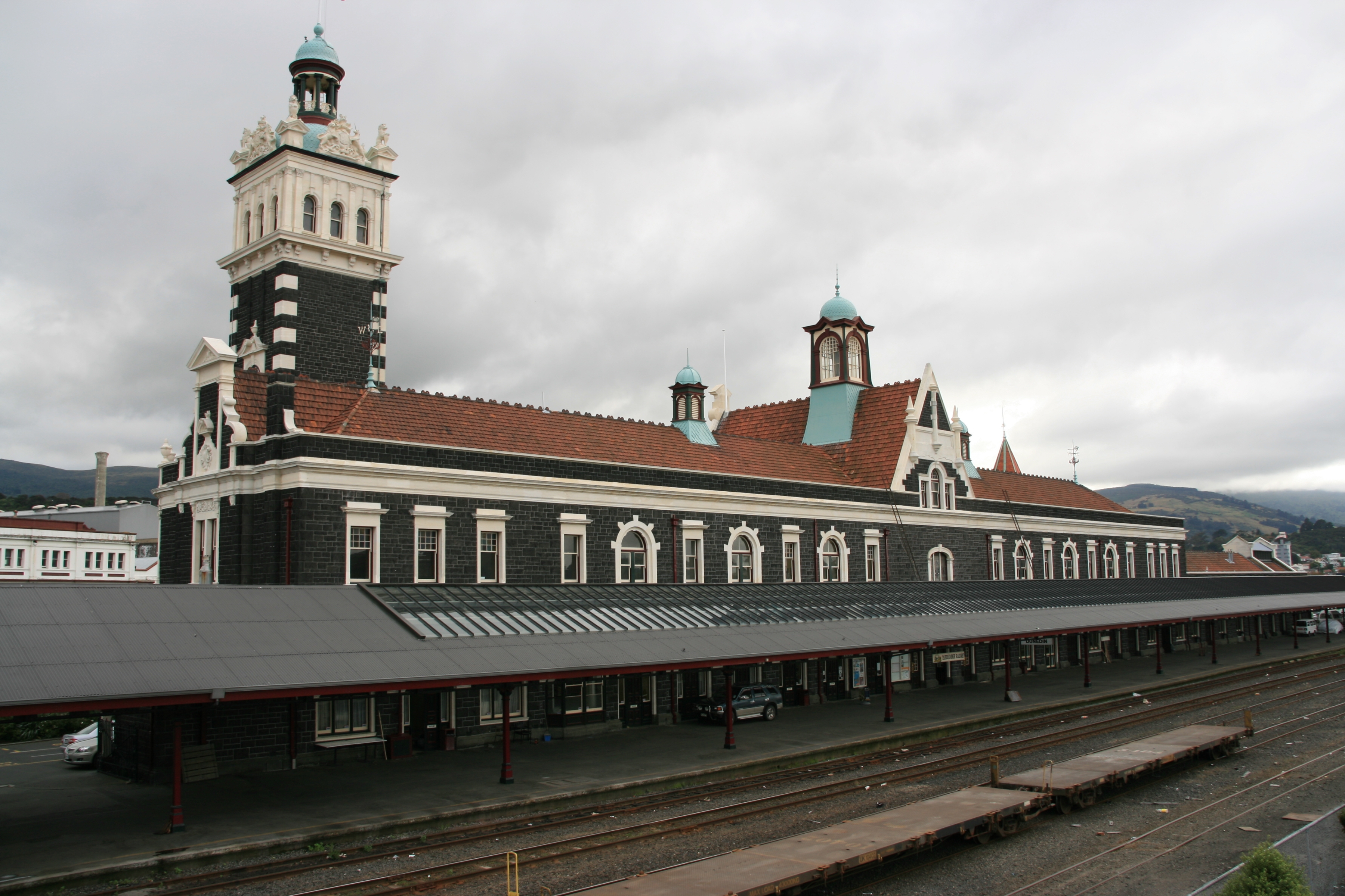 Dunedin Railway Station, New Zealand. Looking north from the pedestrian footbridge over the rear (eastern) side of the station.