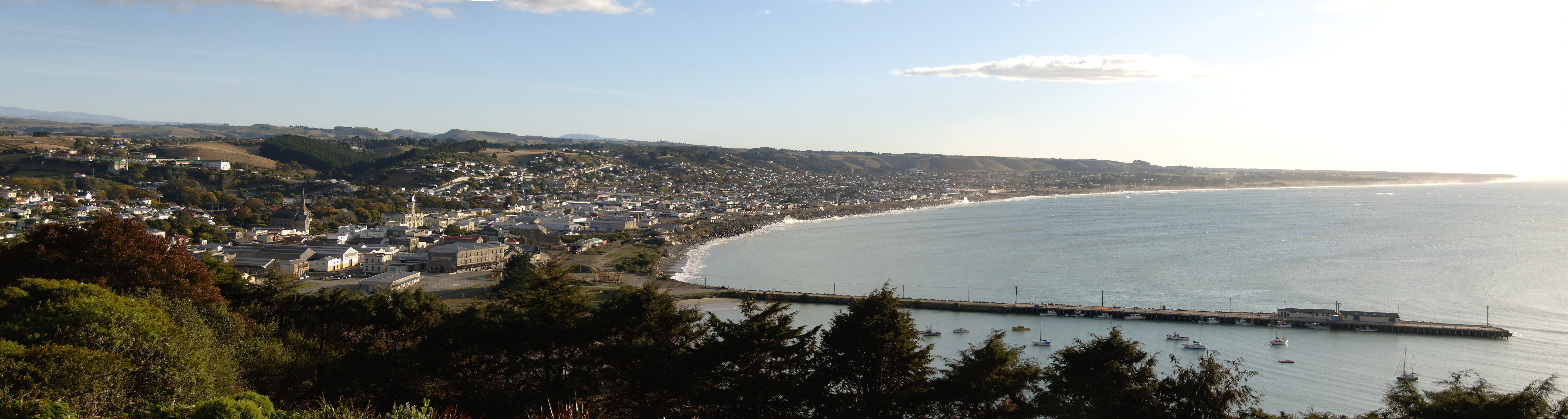 Early morning panorama of Oamaru and coast to the north. Stitched with Hugin from three original photographs.