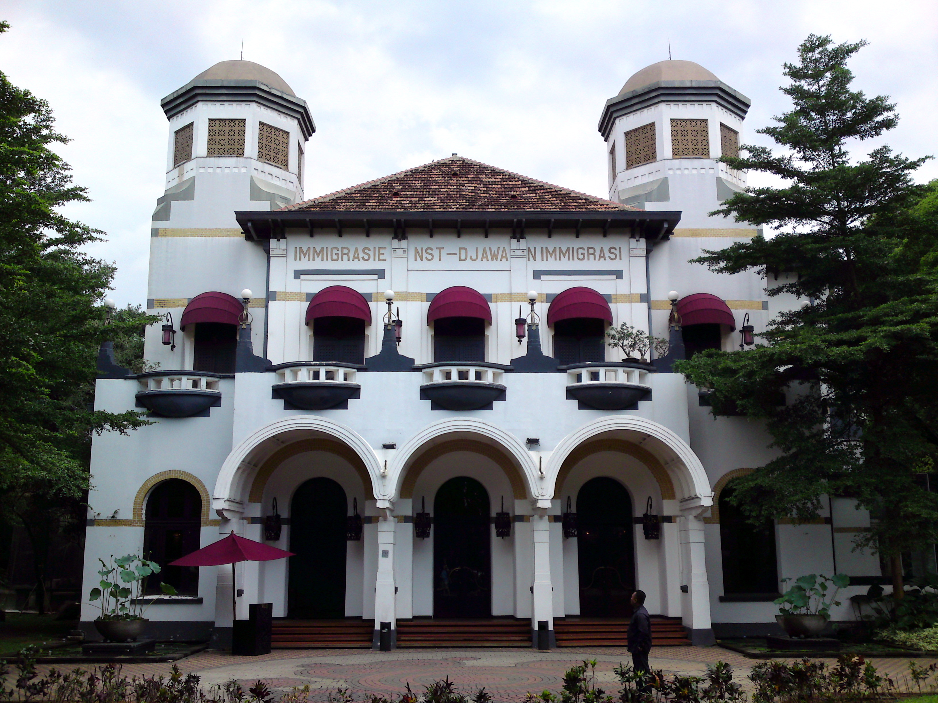 Kunstkring Art Gallery, Jakarta, Indonesia. Architect P.A.J. Moojen (1879-1955). The text on the building front reads "Immigrasiedienst - Djawatan Immigrasi" (Immigration services)