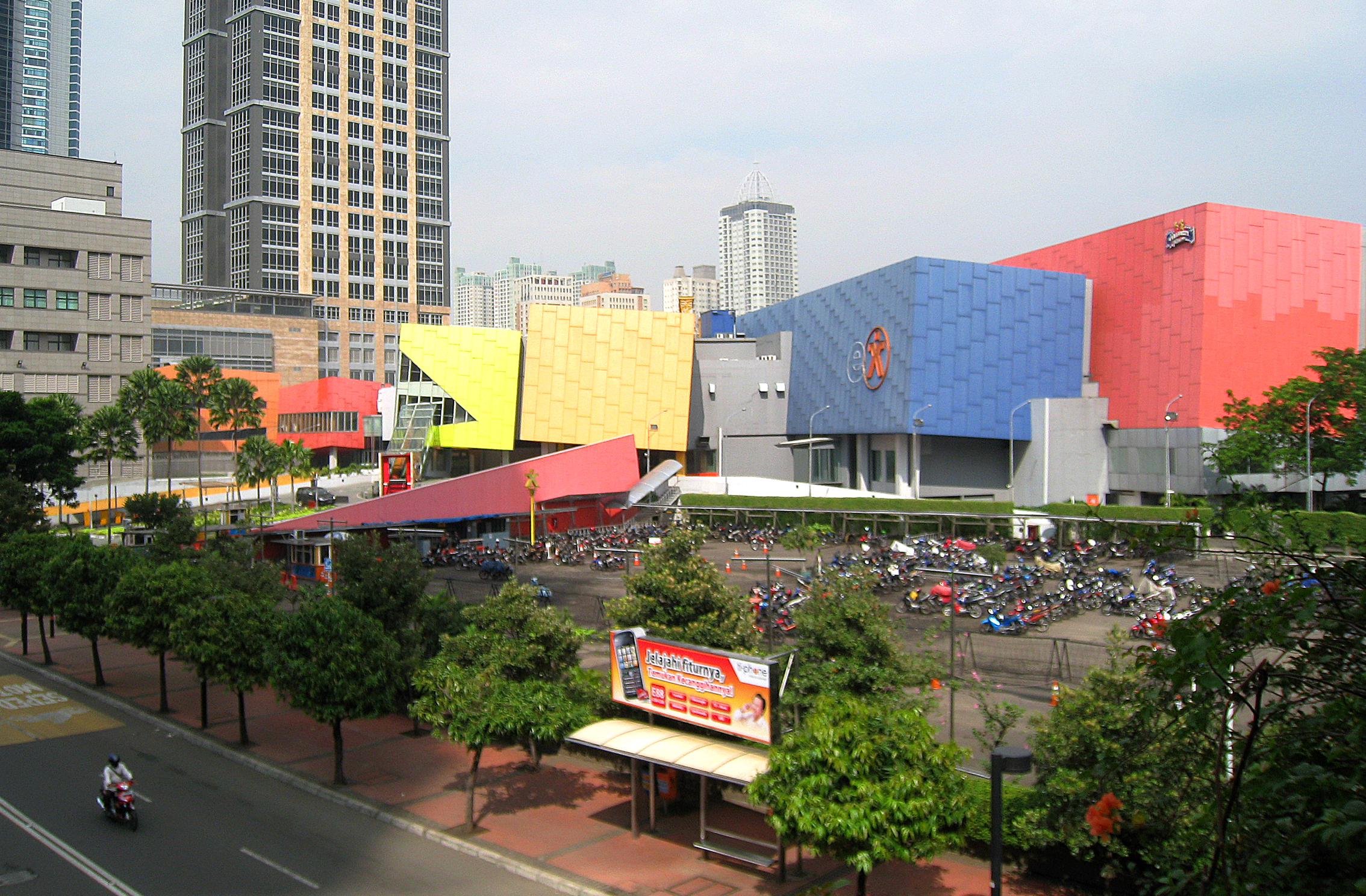 Plaza e'X Jakarta with unique deconstructive tilted colorful cubical architecture. Jalan Thamrin, Jakarta, Indonesia.