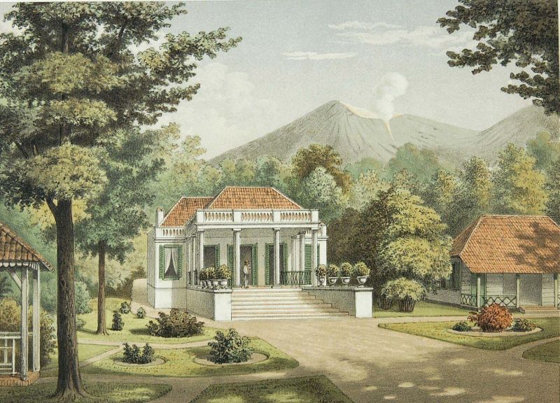 Litho. Litho naar een oorspronkelijke aquarel van J. Rappard.. Het buitenverblijf van de gouverneur-generaal in Cipanas