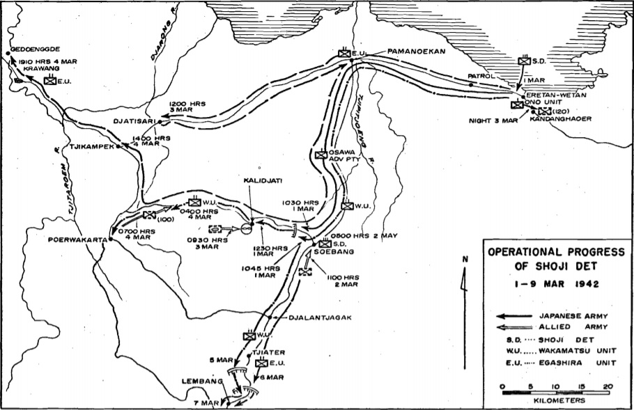 Operational progress of the "Shoji Detachment" during the Battle of Java, from the landing at Eretanwetan to the Battle of Tjiater Pass