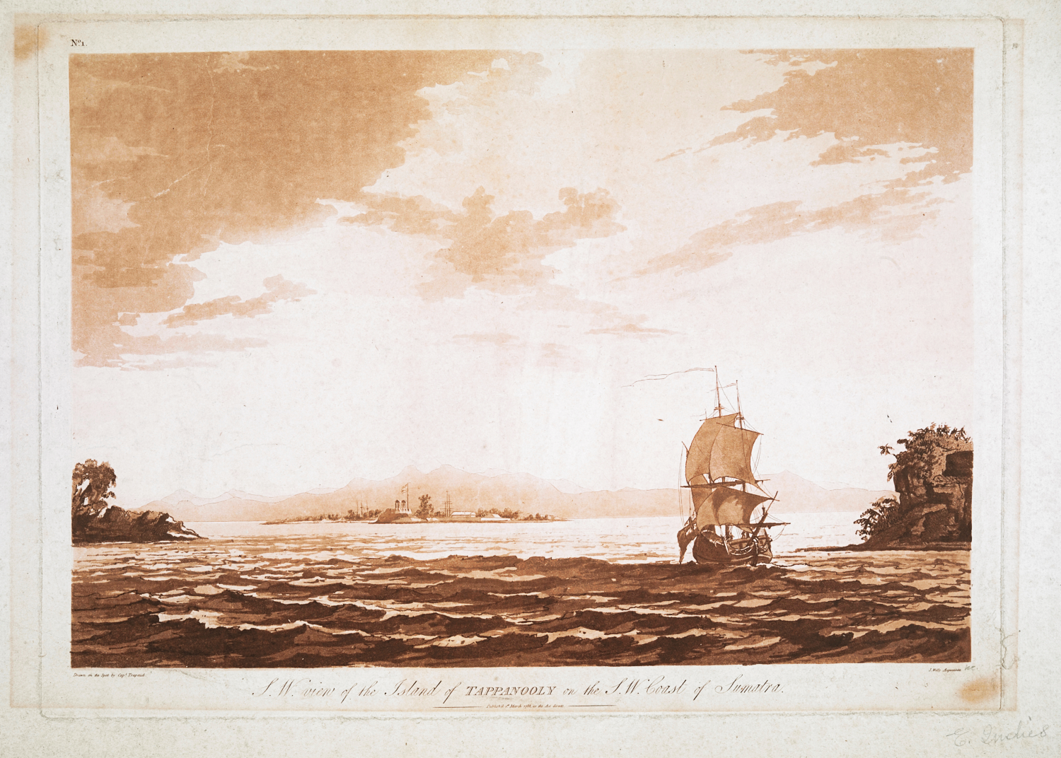 Late 18th century view of the British settlement of Tapanuli on the small island of Punchon Cacheel (also called Tapanuli Island), at the entrance of Tapanuli Bay (also known as Sibolga Bay), Sumatra. Tapanuli (spelled Tappanooly then) was the northernmost of the string of settlements comprising British Bencoolen.
Elisha Trapaud, soldier, surveyor, draughtsman and amateur actor who joined East India Company 1776 and who took part in an expedition to survey Sumatra between 1783 and 1785, published in 1788 a book of 20 uncoloured aquatints, of which this one belongs.  Inscription: S. W. View of the Island of Tappanooly on the S. W. Coast of Sumatra.

[Tappanooly] is on a small island, called  Punchong cacheel, in the famous bay of Tappanooly, which is not surpassed, for natural advantages, in many parts of the world. Navigators say that all the navies of Europe might ride there with perfect security, in every weather. (William Marsden, The History of Sumatra, 1783).