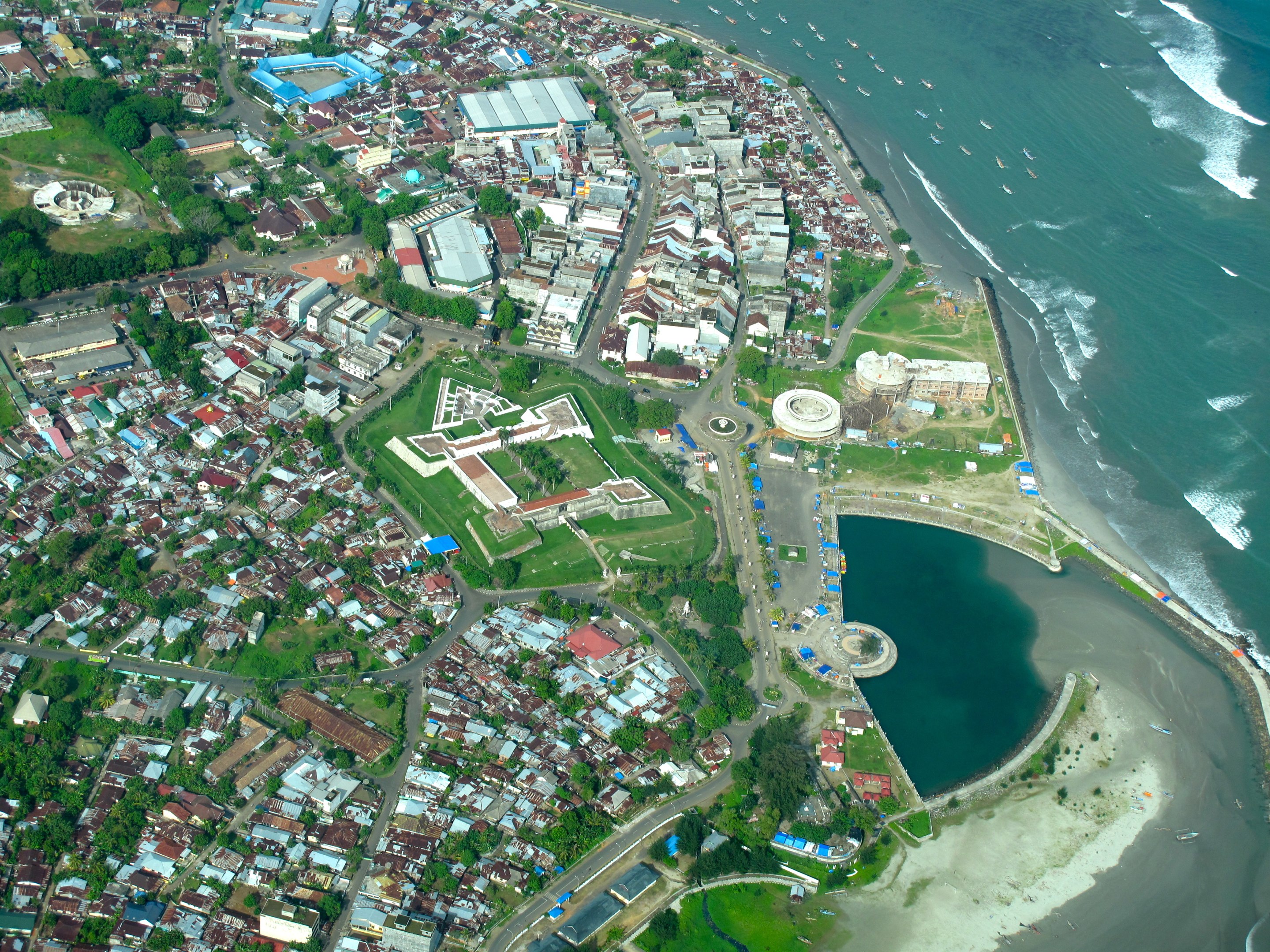 Aerial view of Bengkulu City and Fort Marlborough.