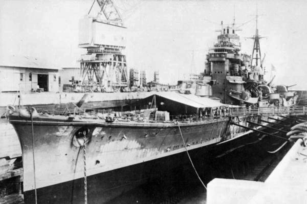 Japanese Heavy Cruiser "Ashigara" in dry dock, Singapore.