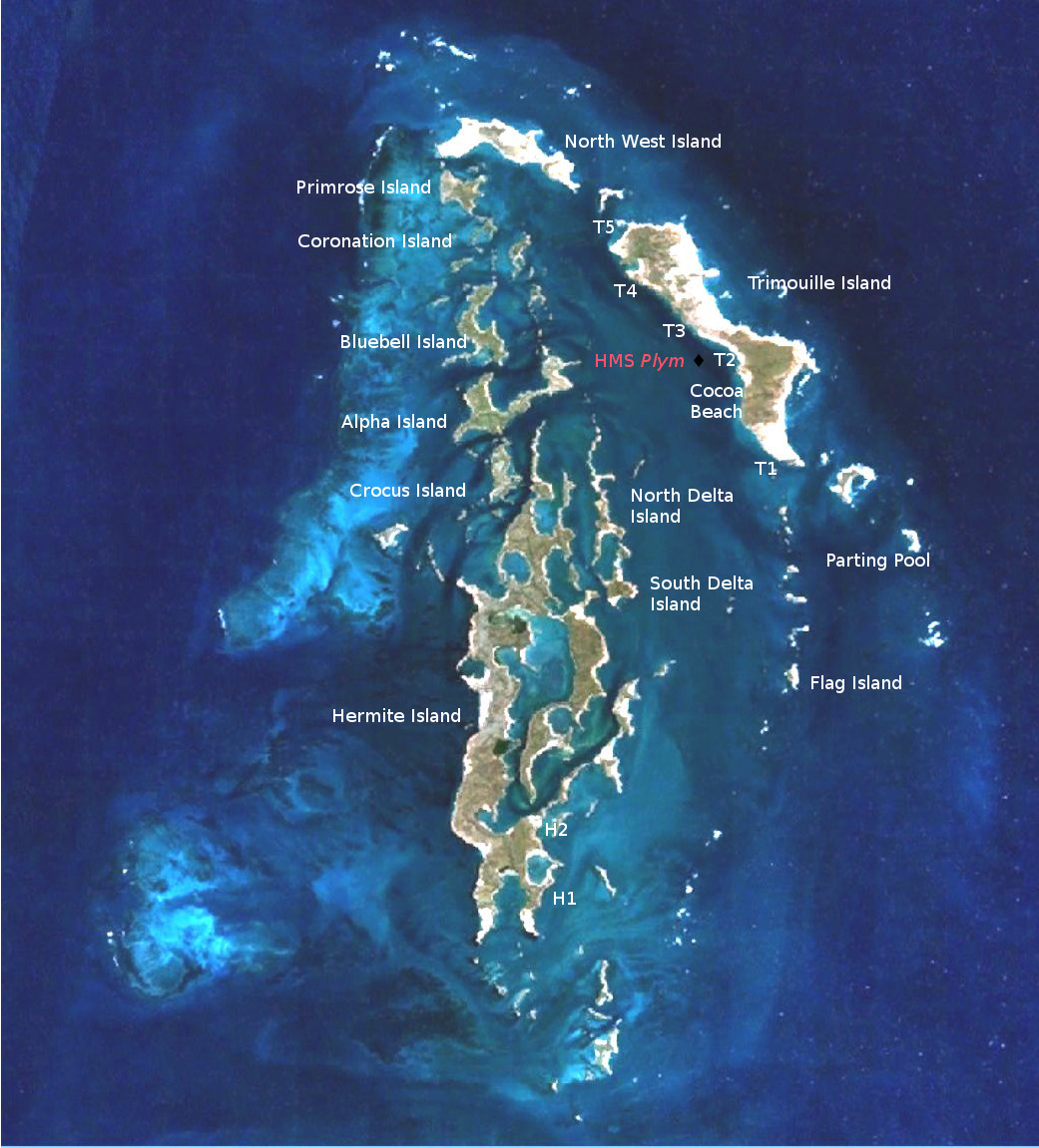 Map of the Monte Bello Islands, indicating sites for Operation Hurricane. Made from File:Montebello Islands-NASA.jpg and map in "A History of British Atomic Tests in Australia", p. 83
