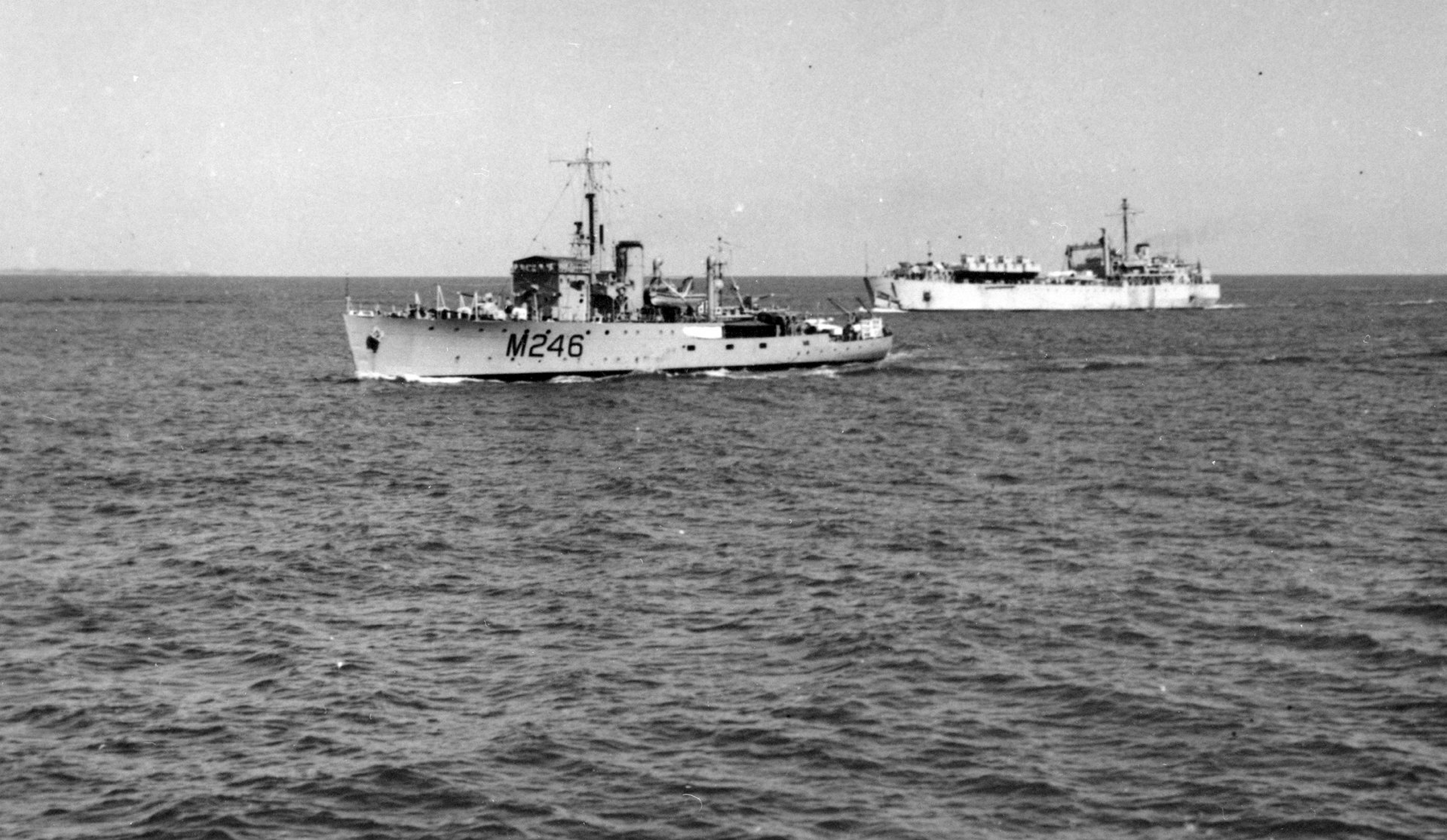 April-May 1956 corvette HMAS FREMANTLE (I) and LST HMS NARVIK, bound for Monte Bello A-test - RAN.Imagery Scanned from Navy Historic Archive. RAN, Navy Heritage Collection image NO. 01023.