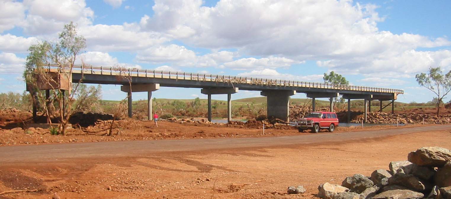 Maitland River bridge on 14 April 2004 in the Pilbara region of Western Australia following Cyclone Monty (March 1 2004). Picture taken by Ian Peters.