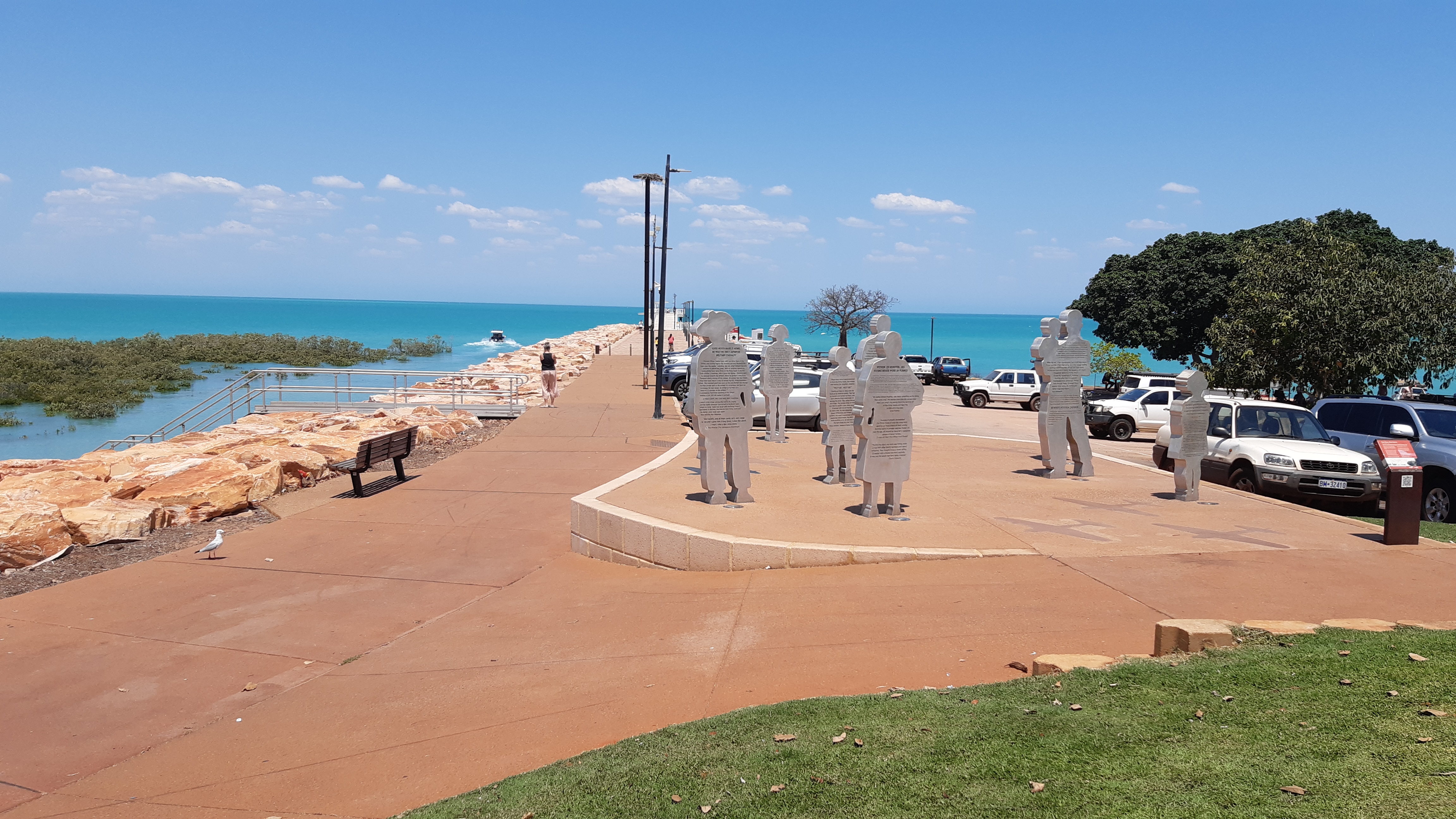 "9 Zeros 9 Stories" remains a silent reminder of the 88 people who were killed during the Broome Air Raid in March of 1942 by Japanese fighter planes. Each of the figures has a story to tell and are among the silhouettes of 9 zero (Japanese) planes.
