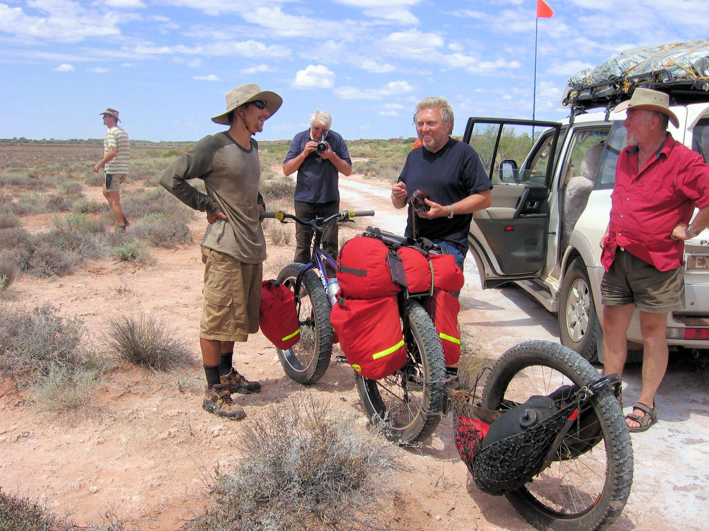 Jakub Postrzygacz with his special Bush-Bike on the Canning Stock Route near lake Disappointment.