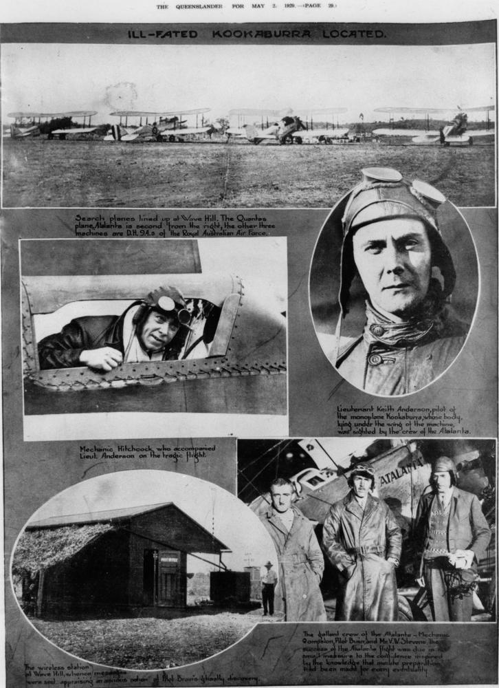 Search for the ill-fated Kookaburra aeroplane, 1929
Collage of photographs including the pilot and mechanic of the Kookaburra, crew of the Atlanta, and the wireless station at Wave Hill.