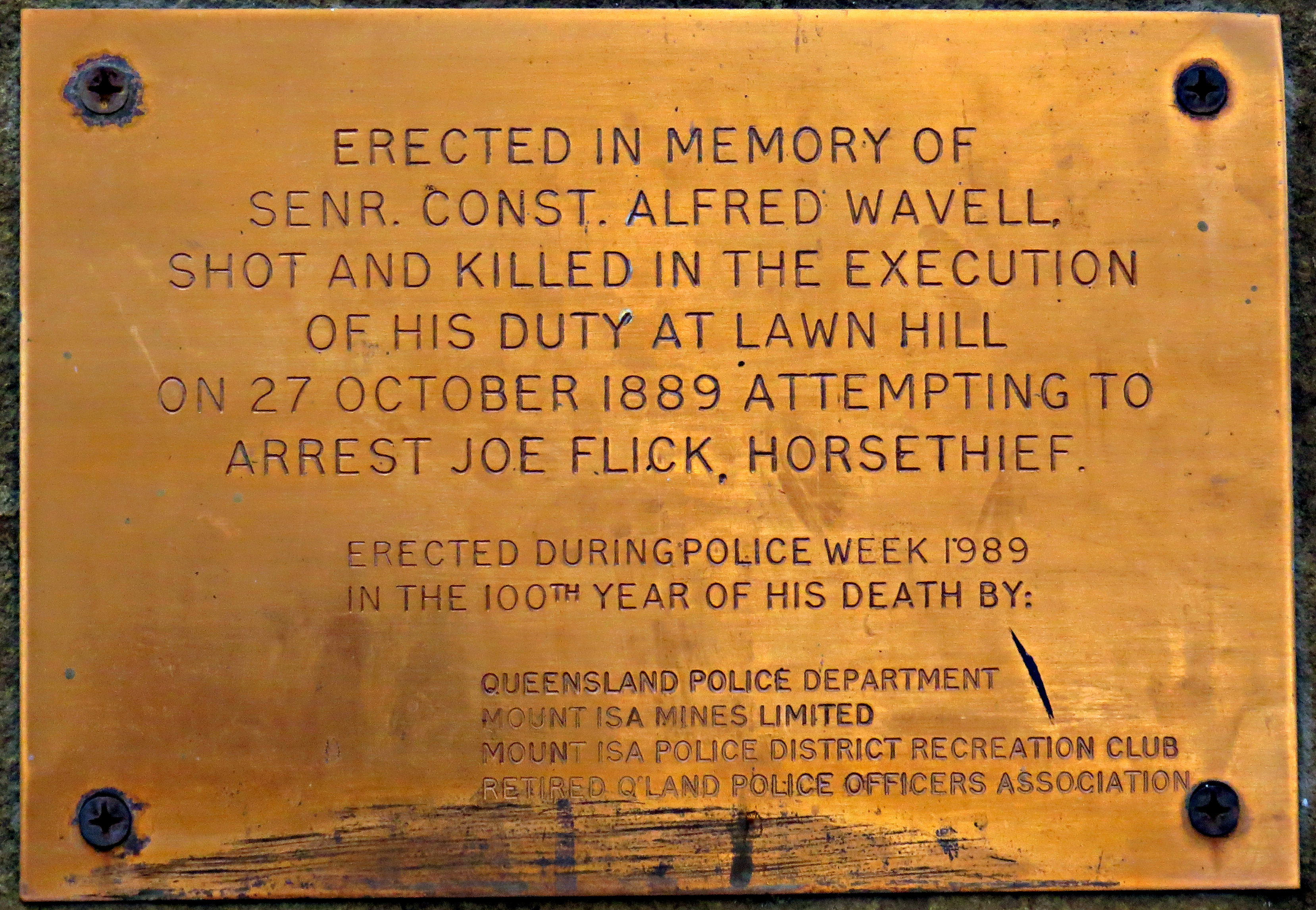 Memorial plaque honouring Senior Constable Alfred Wavell, killed in the line of duty at Lawn Hill (now Boodjamulla National Park), Queensland, Australia.