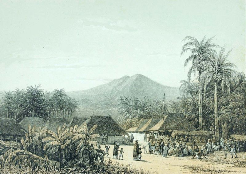 Litho. Litho naar een schilderij van A. Salm.. Een dorpsfeest in de omgeving van de berg Arjuna