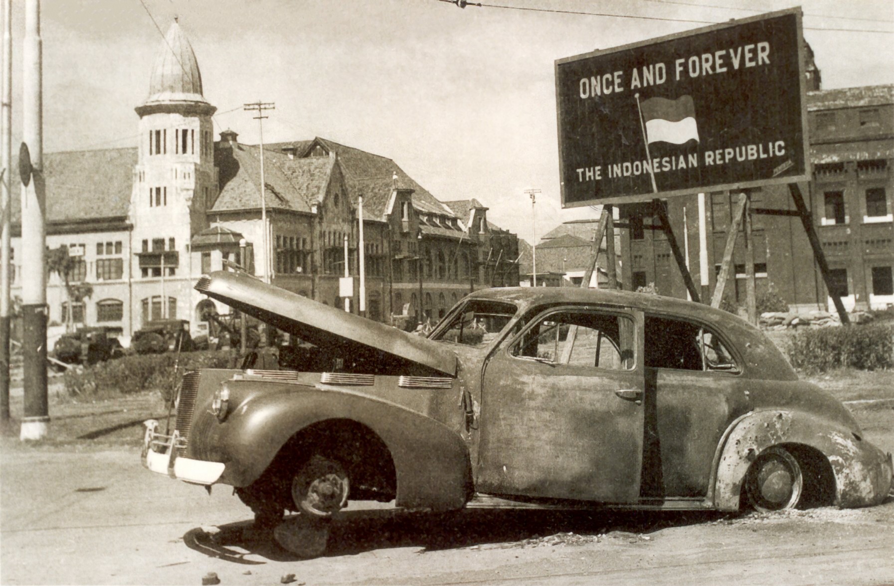The burnt-out LaSalle 1940 Series 52 Sedan of a Brigadier A W S Mallaby on the spot where he was killed by pro-Independence Indonesian soldiers during the Battle of Surabaya on 31 October 1945. Mallaby was the commander of the 49th British India Brigade