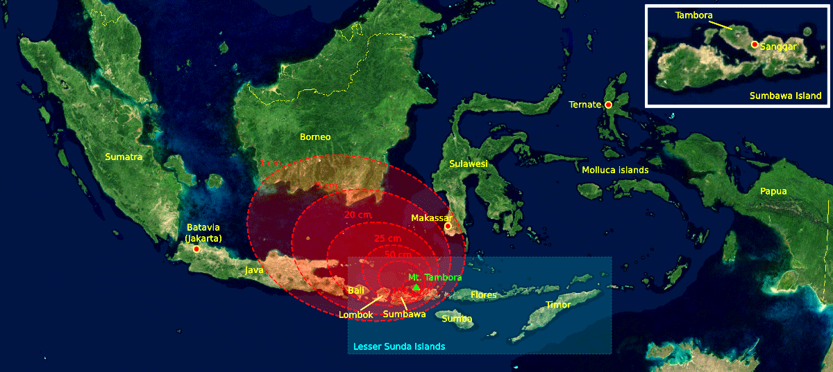 Die Eruption des Mount Tambora im Jahr 1815. Die roten Bereiche sind Karten mit der Dicke des vulkanischen Aschefalls.