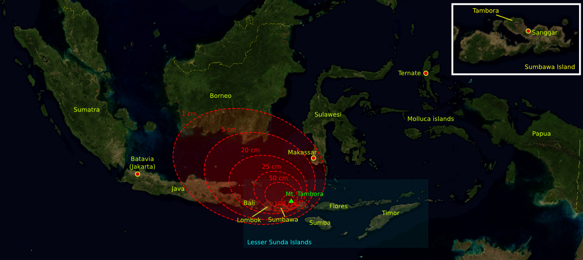 The 1815 Mount Tambora eruption. The red areas are maps of the thickness of volcanic ashfall.