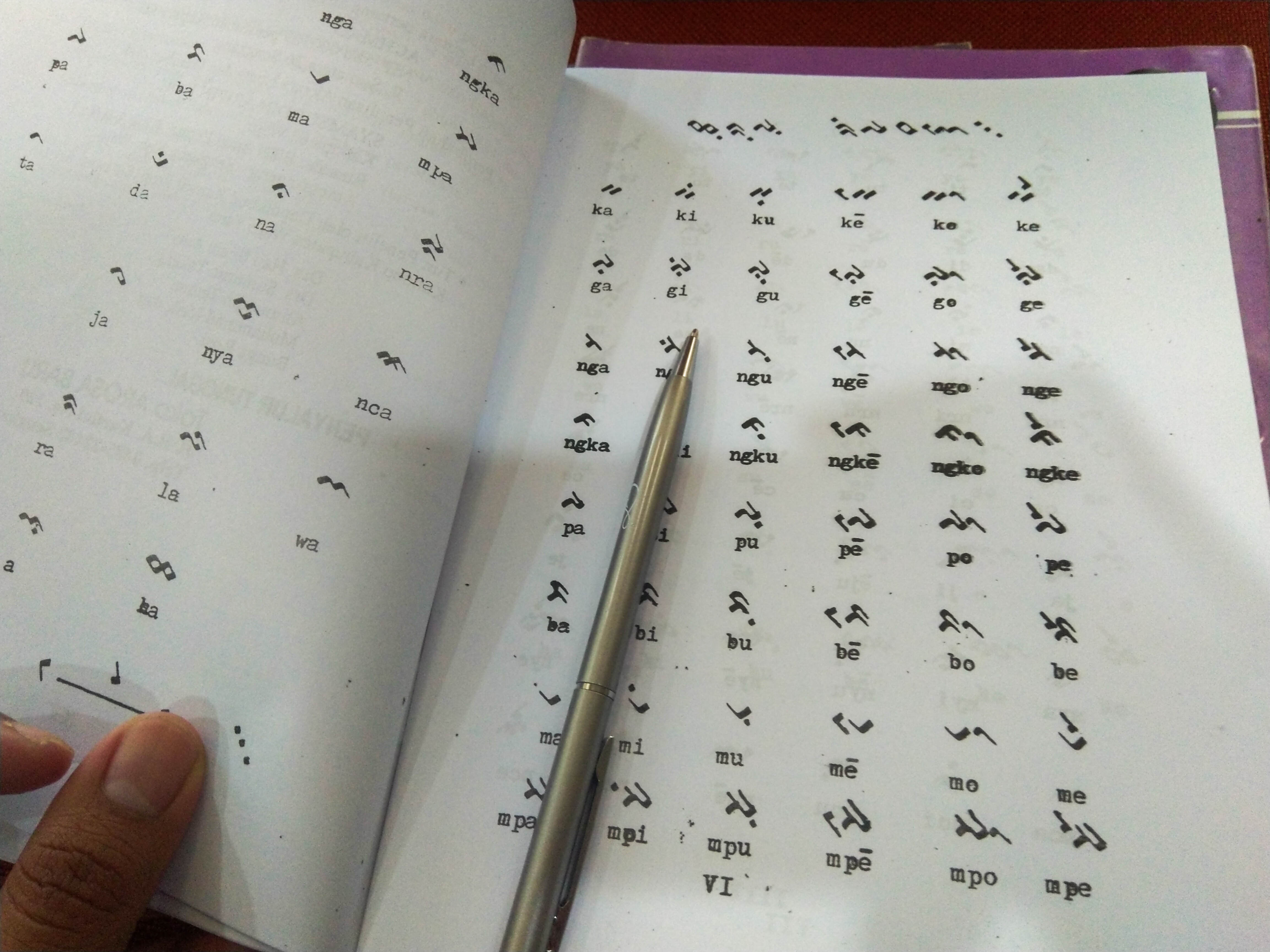 Buku mata palajaran bahasa Bugis, penjelasan tentang huruf-huruf dalam aksara lontara beserta alih aksara Latinnya