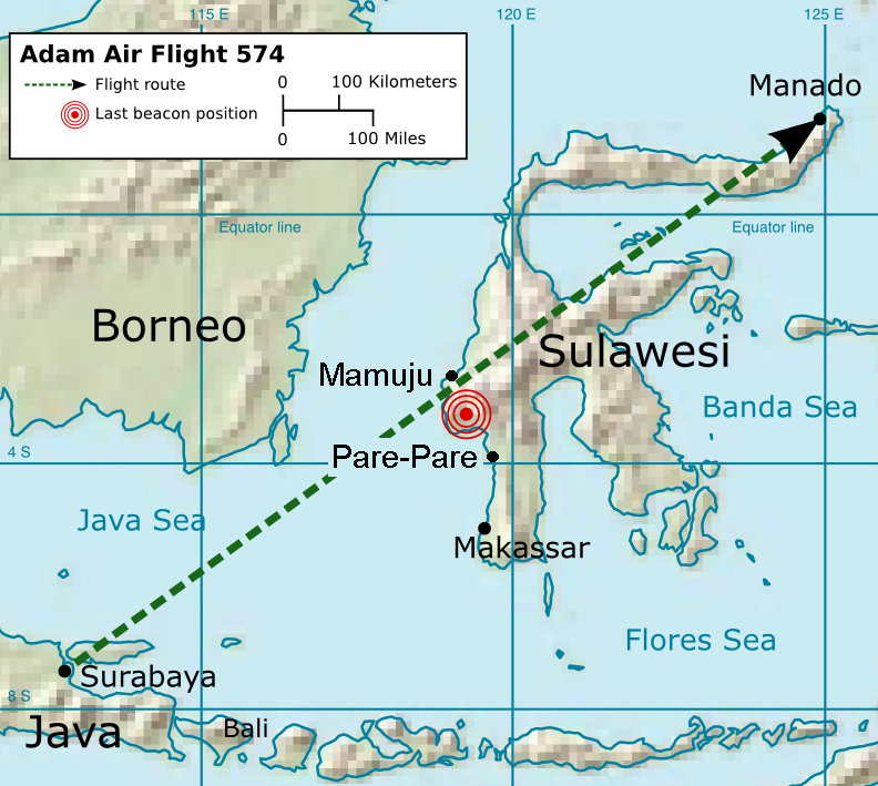 Adam Air Flight 574 flight route and its last beacon position before it was disappeared from the radar screen.