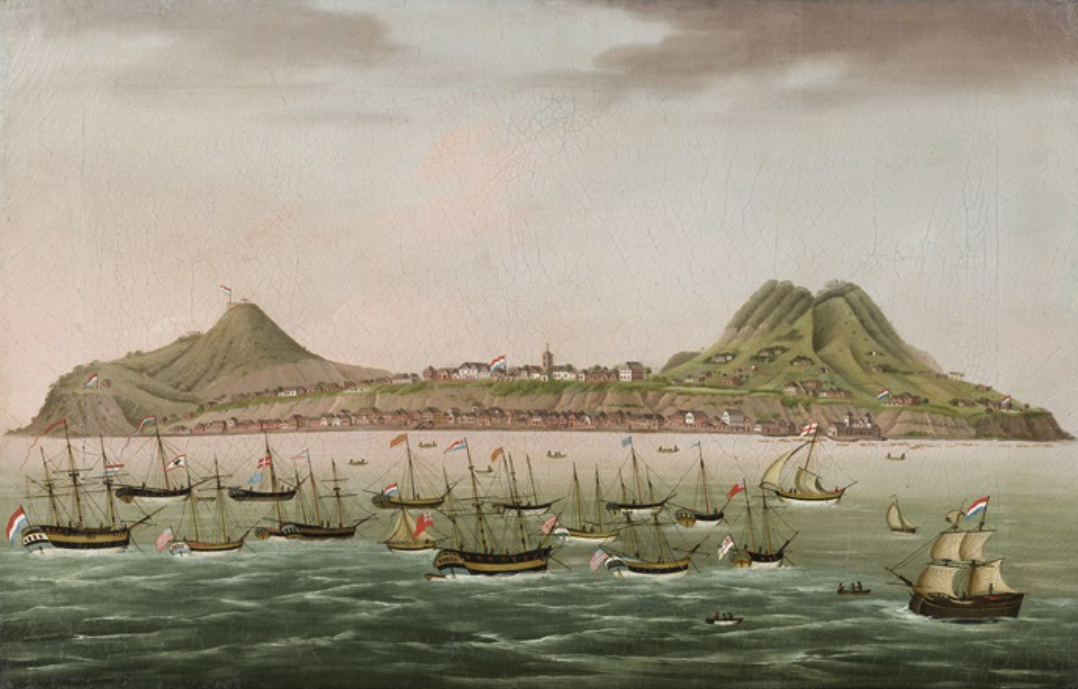 View of Pulau Run (Run Island) in the Banda Sea with Indiamen and other shipping in the roadstead , ca. 1790.  'Chinese School' painting according to the auction house.