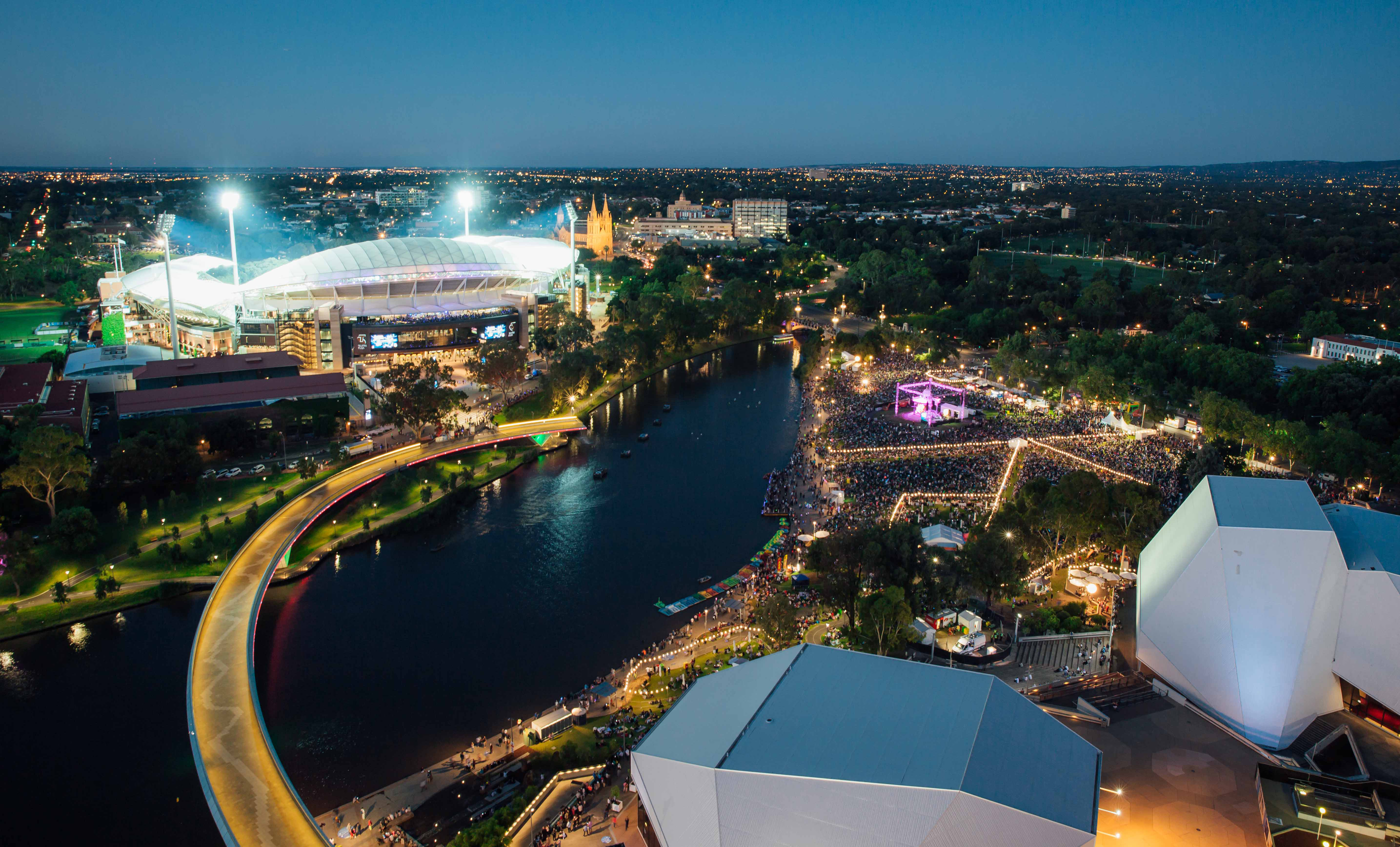 Aerial view of Adelaide on New Year's Eve. Overlooking the riverbank towards Adelaide Oval.