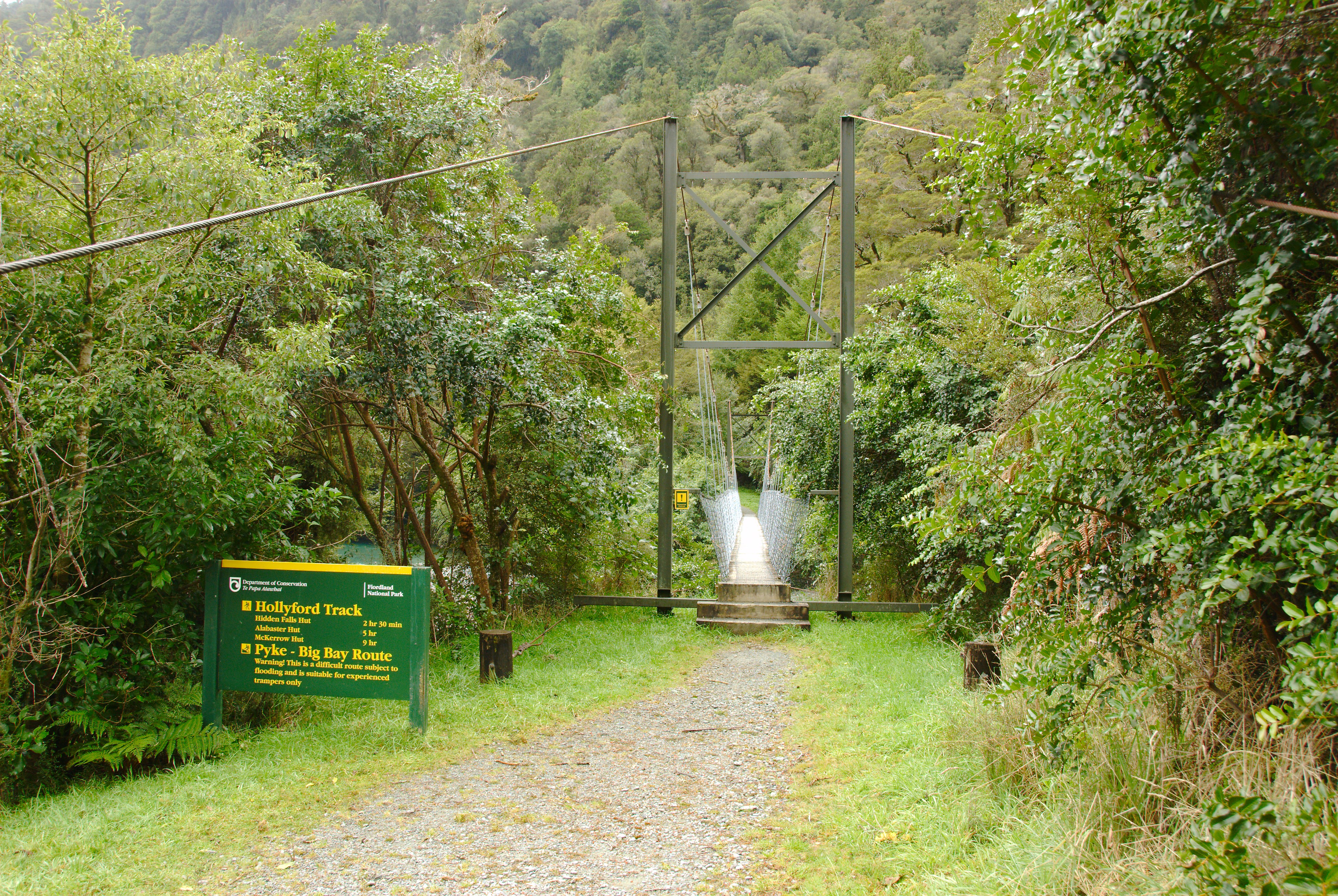 The Hollyford River end of the Hollyford Track
The track starts with that bridge at the road end of the Lower Hollyford Road
