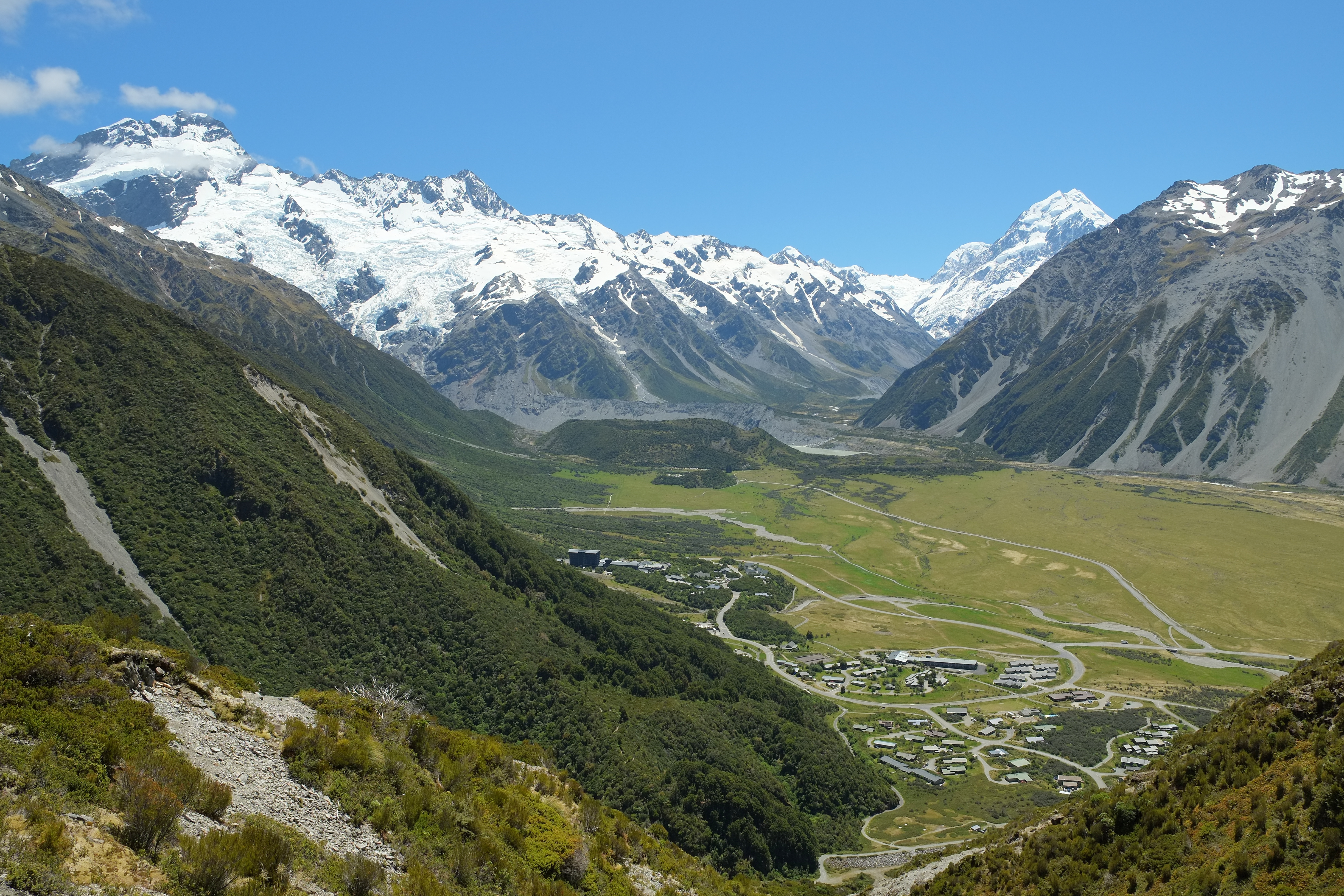 View over Mount Cook Village to Hooker Valley, Mt Sefton and Mount Cook