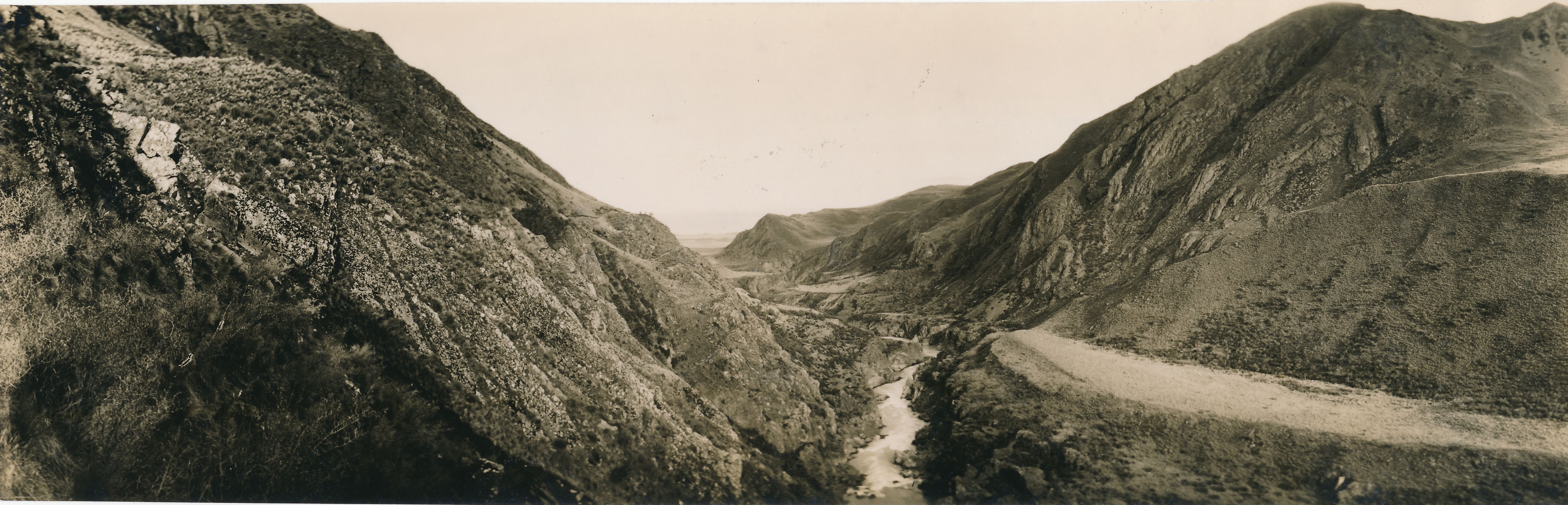 Panoramic view looking down Rangitata Gorge, Waitaha Canterbury, c. 1930s. Photographed by Bobbie Barwell of Barwell Studios, Ashburton, 05.2013.1199, AM&HS Collection.